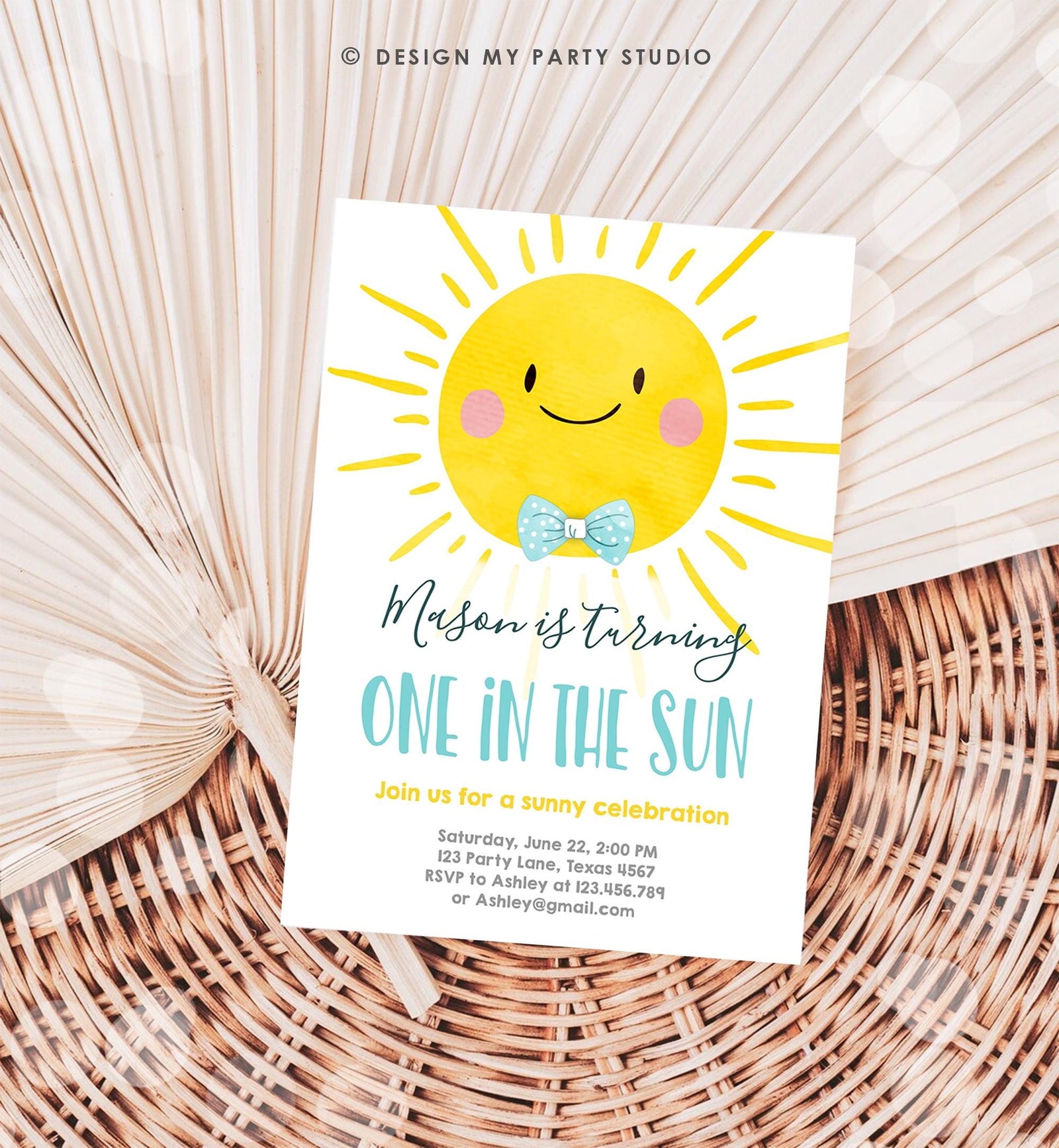 Editable One in the Sun Sunshine Birthday Invitation Summer Party First Birthday Party Boy Blue Bow Tie Download Template Printable 0141