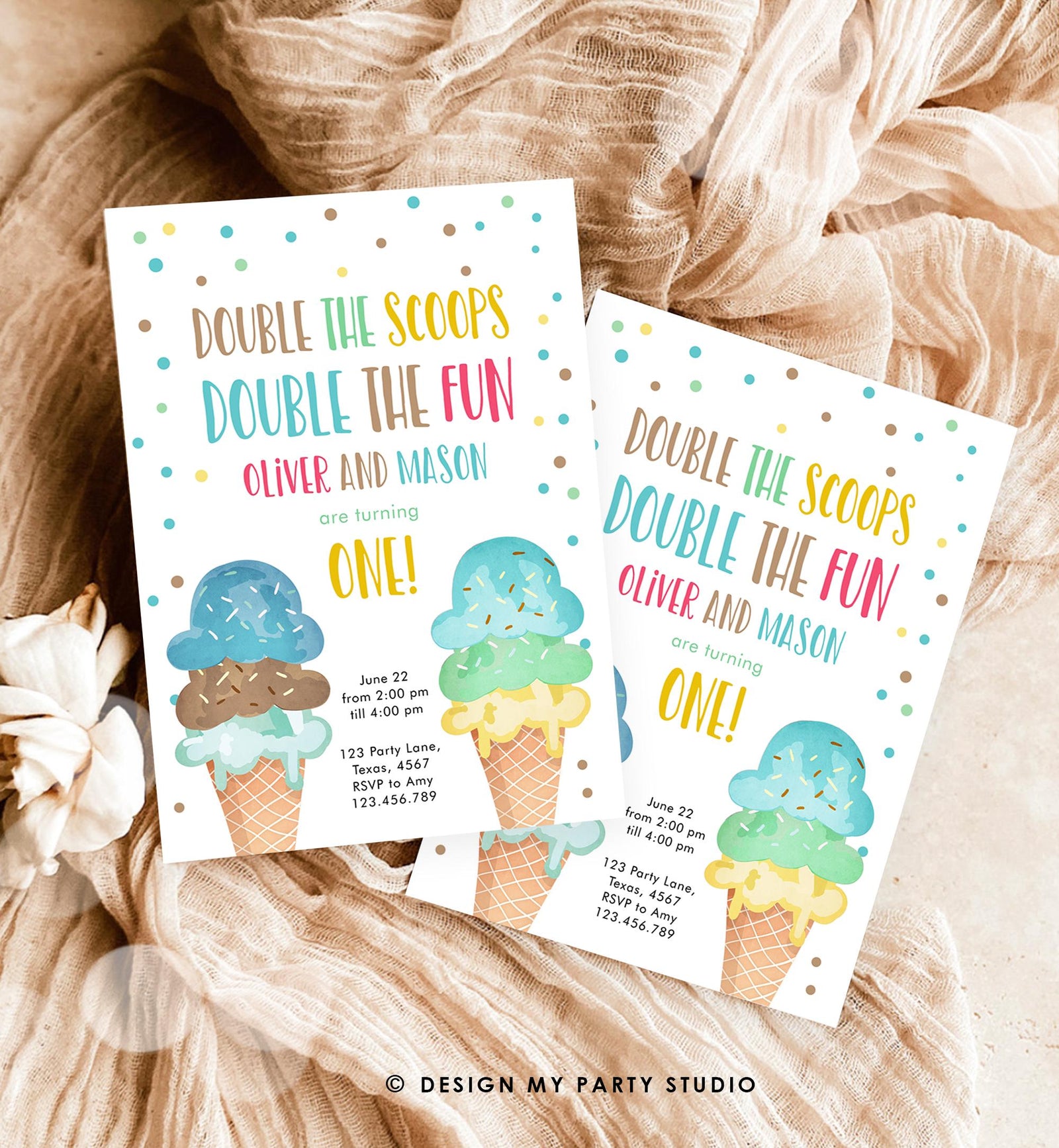 Editable Twin Ice Cream Birthday Invitation First Birthday Double the Scoops Double Fun Twins Boy Blue Digital Evite Template Printable 0243