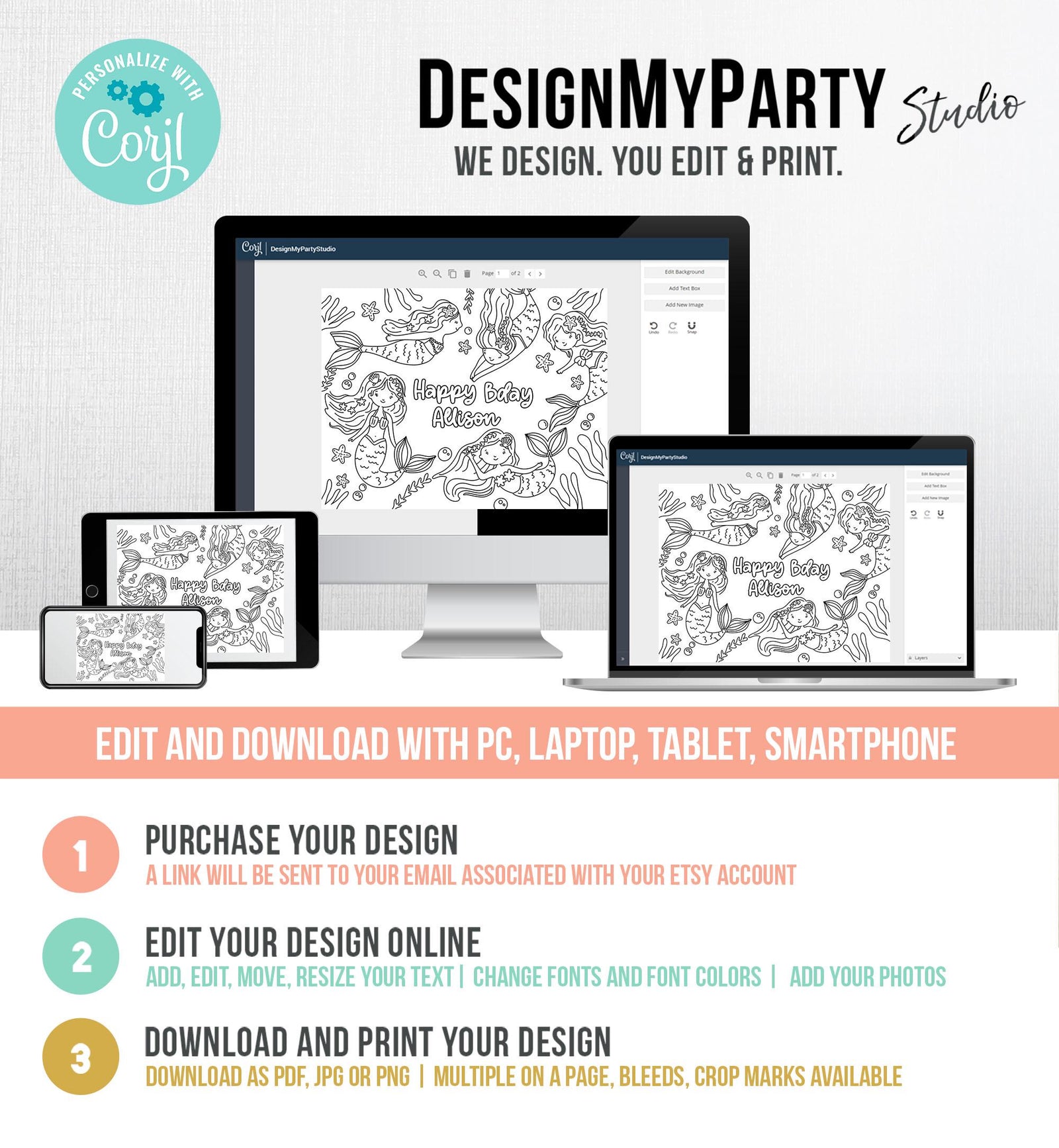 Editable Coloring Page Mermaid Birthday Party Activity Game Summer Mermaid Birthday Under The Sea Pool Party Download Printable Digital 0546