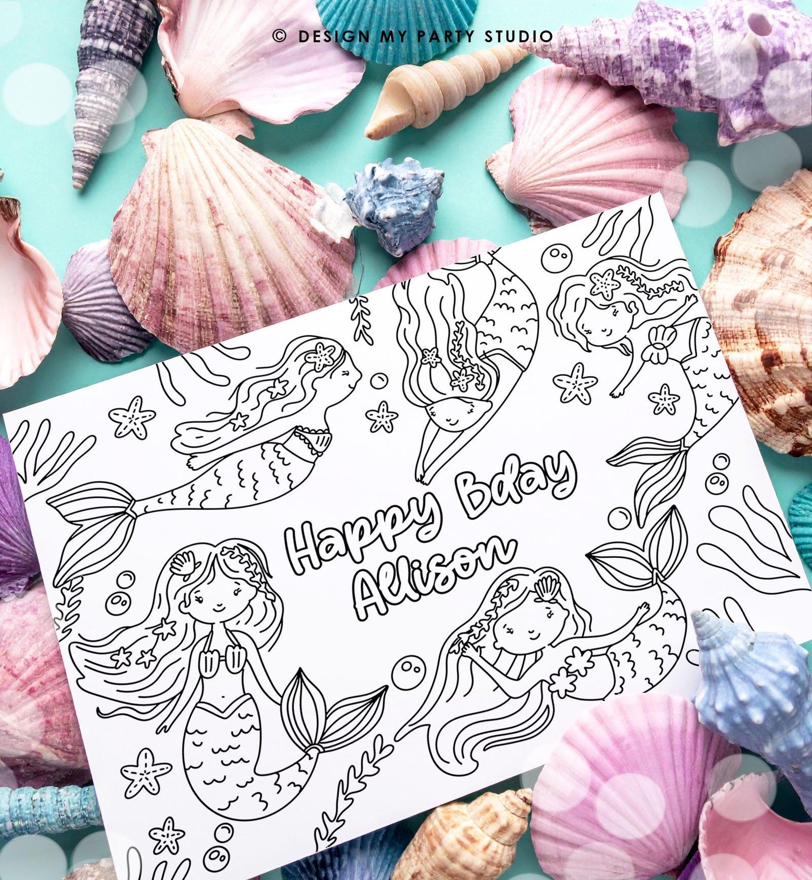 Editable Coloring Page Mermaid Birthday Party Activity Game Summer Mermaid Birthday Under The Sea Pool Party Download Printable Digital 0546