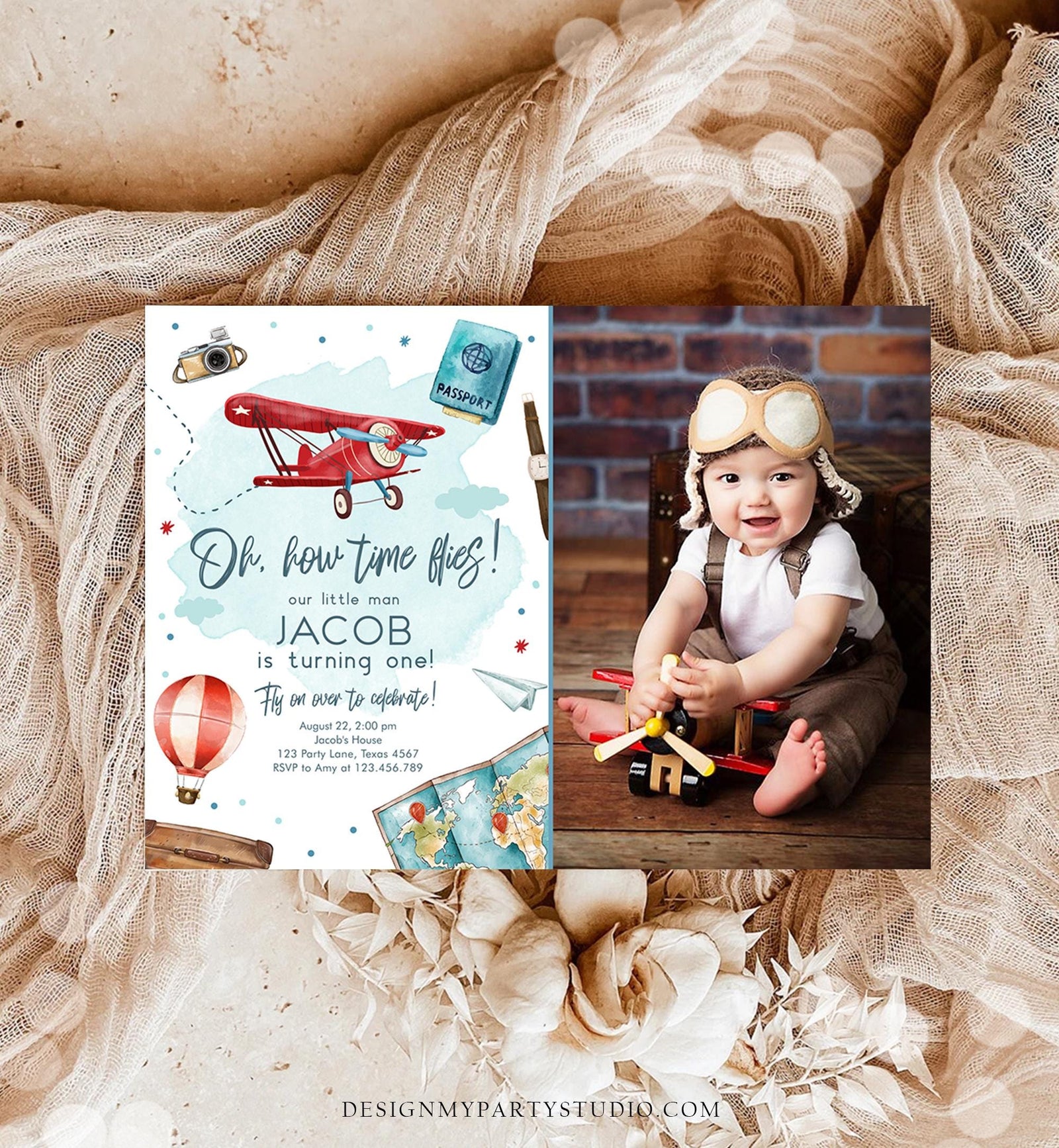 Editable Airplane Birthday Invitation Oh My Time Flies Red Airplane 1st First Travel Adventure Party Digital Evite Template Printable 0468