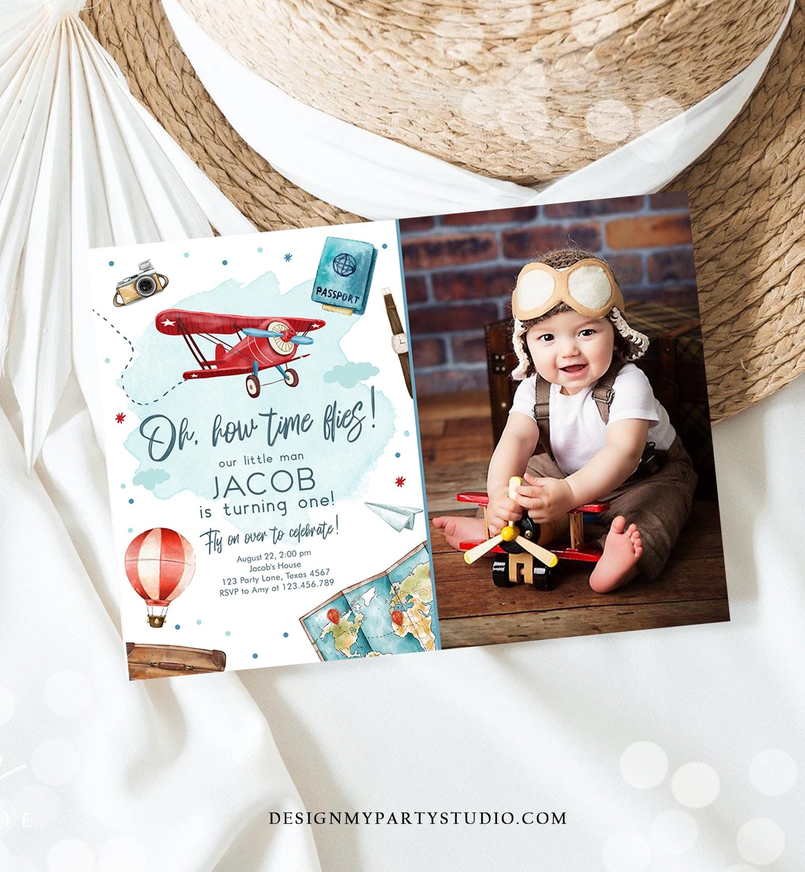 Editable Airplane Birthday Invitation Oh My Time Flies Red Airplane 1st First Travel Adventure Party Digital Evite Template Printable 0468
