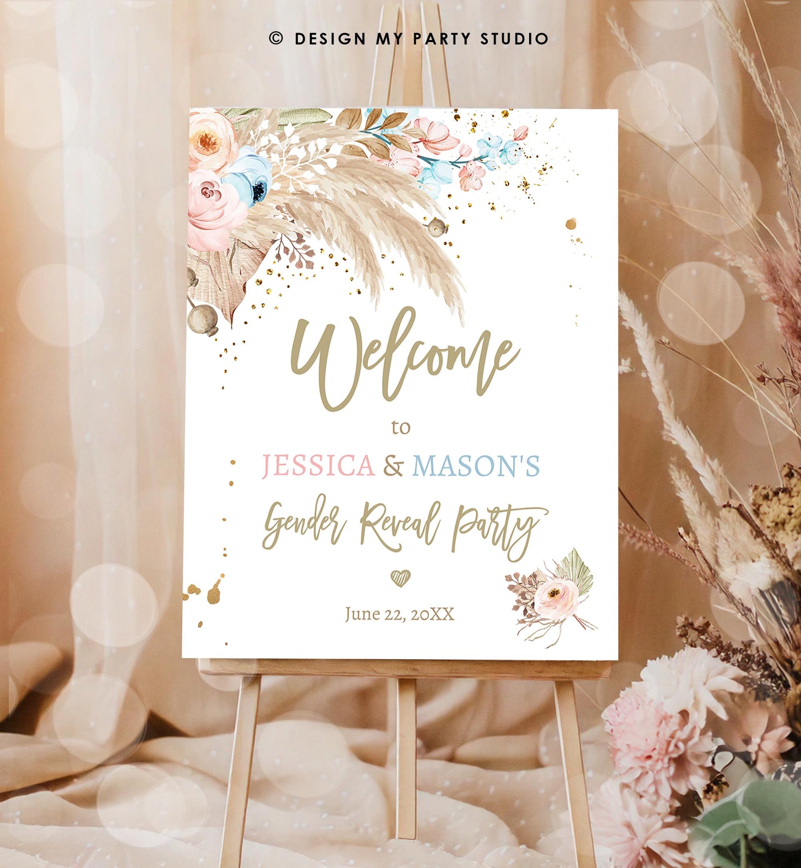 Editable Pampas Grass Gender Reveal Party Welcome Sign Couples Baby Shower Boho Gender Neutral Blue or Pink Digital Template Printable 0395