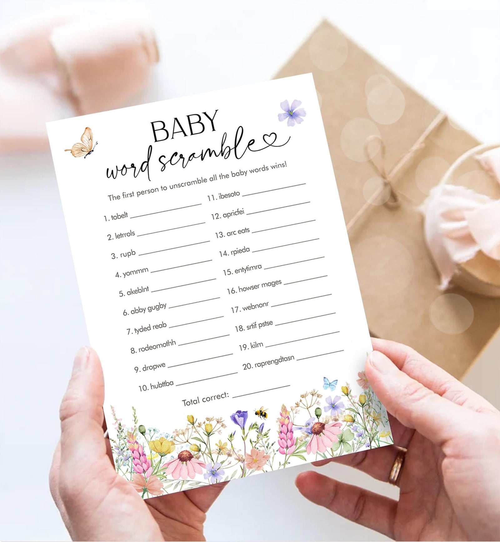 Editable Baby Word Scramble Game Card Wildflowers Baby Shower Game Guess Game Baby in Bloom Butterflies Digital Template Printable 0543