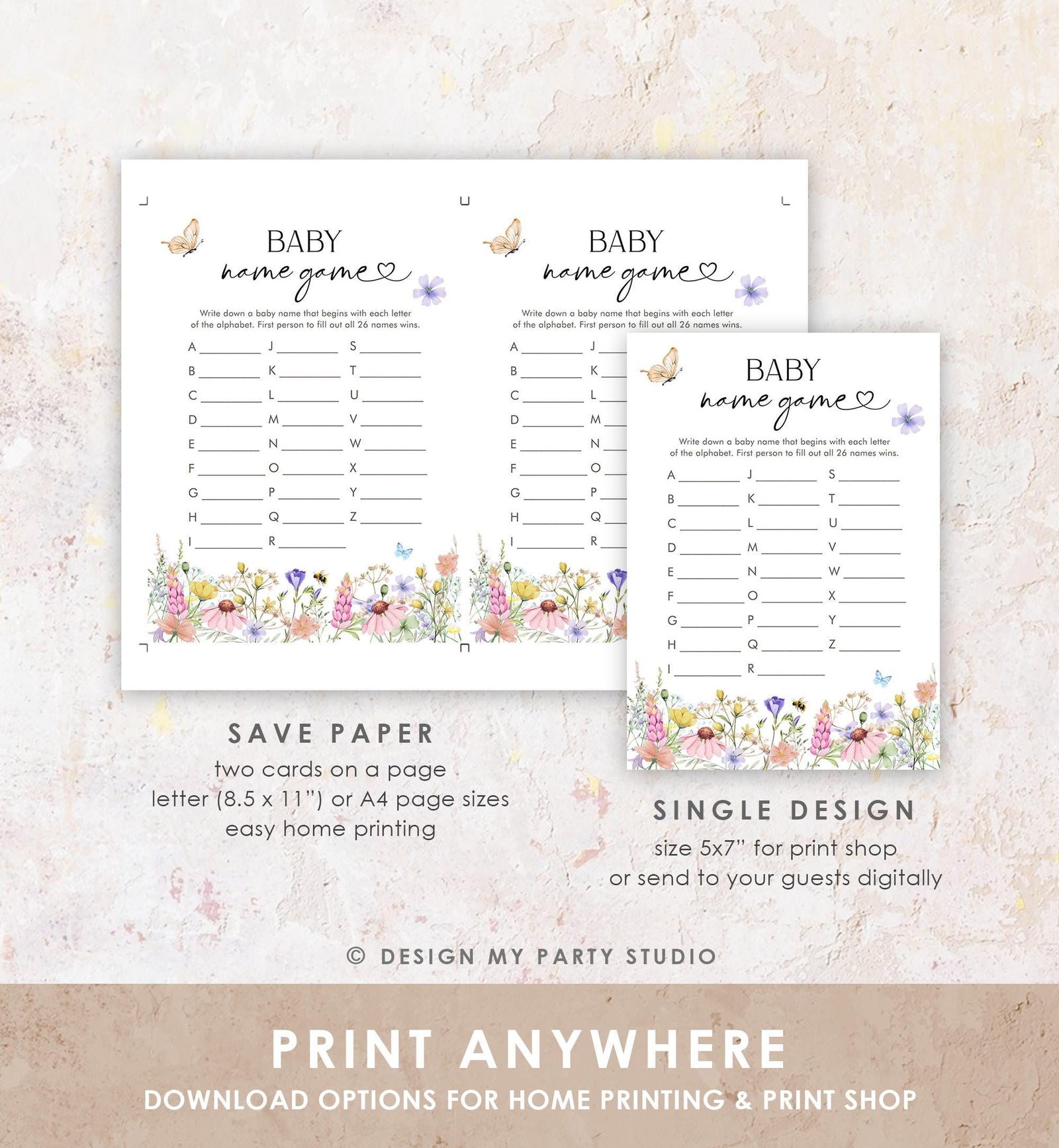 Editable Baby Name Game Card Wildflowers Baby Shower Game in Bloom Name Race Wild Flower Butterflies Digital Template Printable 0543