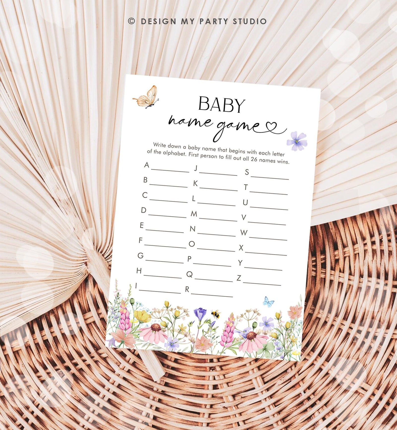 Editable Baby Name Game Card Wildflowers Baby Shower Game in Bloom Name Race Wild Flower Butterflies Digital Template Printable 0543