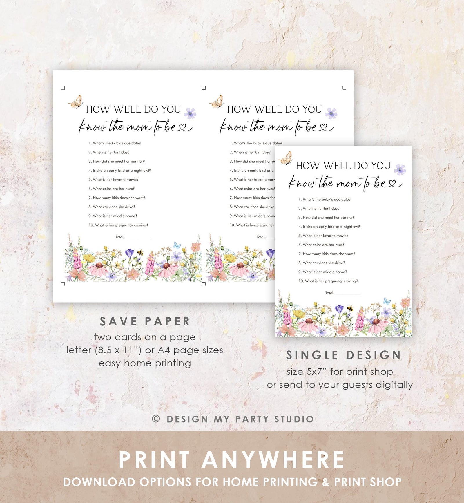 Editable How Well Do You Know The Mom The Be Game Card Wildflowers Baby Shower Game in Bloom Butterflies Digital Template Printable 0543