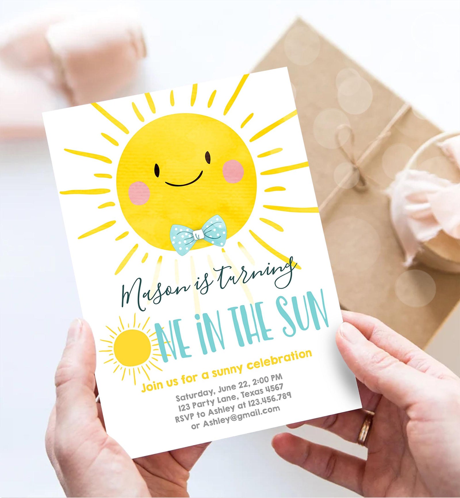 Editable One in the Sun Sunshine Birthday Invitation Summer Party First Birthday Party Boy Blue Bow Tie Download Template Printable 0141