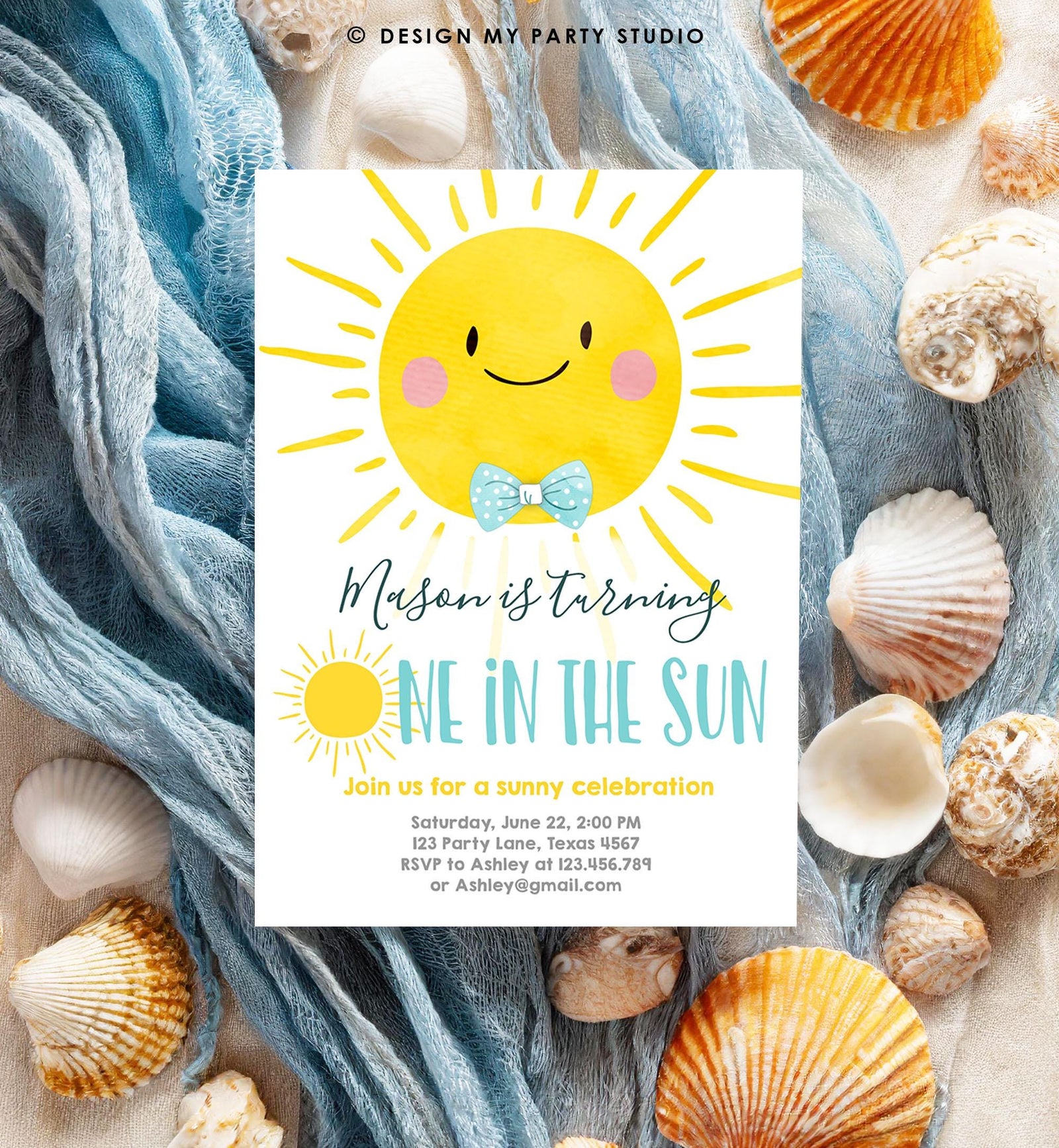 Editable One in the Sun Sunshine Birthday Invitation Summer Party First Birthday Party Boy Blue Bow Tie Download Template Printable 0141