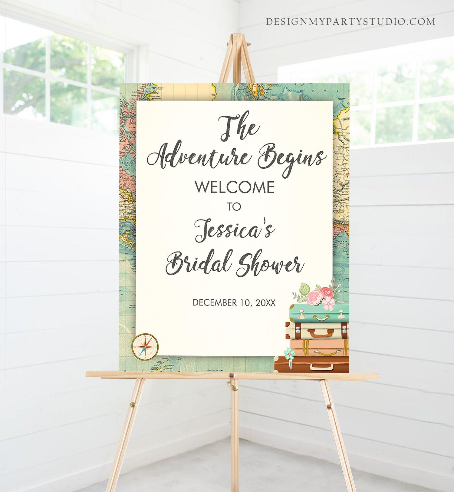 May include: A welcome sign for a bridal shower with a travel theme. The sign has a vintage world map background with a compass and suitcases. The text on the sign reads 'The Adventure Begins Welcome to Jessica's Bridal Shower December 10, 20XX'.