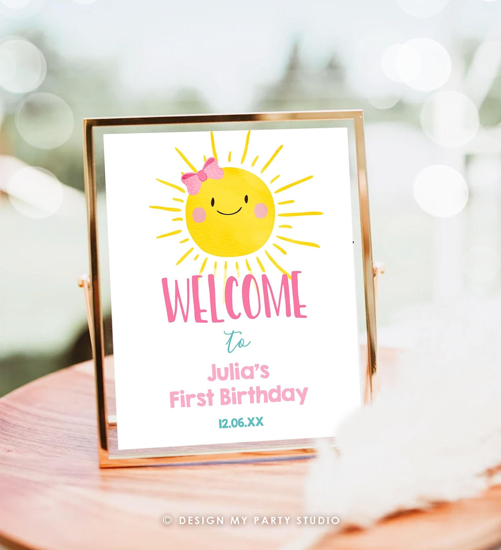 Editable Sunshine Welcome Sign Little Sunshine Birthday Party Pink Girl One in The Sun Summer Lemonade Stand Digital Template Printable 0141