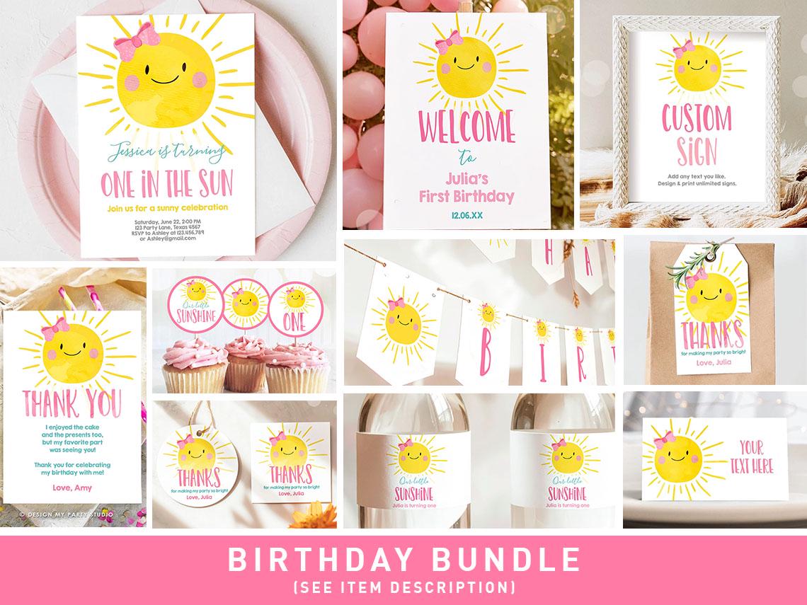 On in The Sun Birthday Invitation Bundle 1st Sunshine Party Girl Kit Package Summer Little Sunshine Digital Download Template Printable 0141