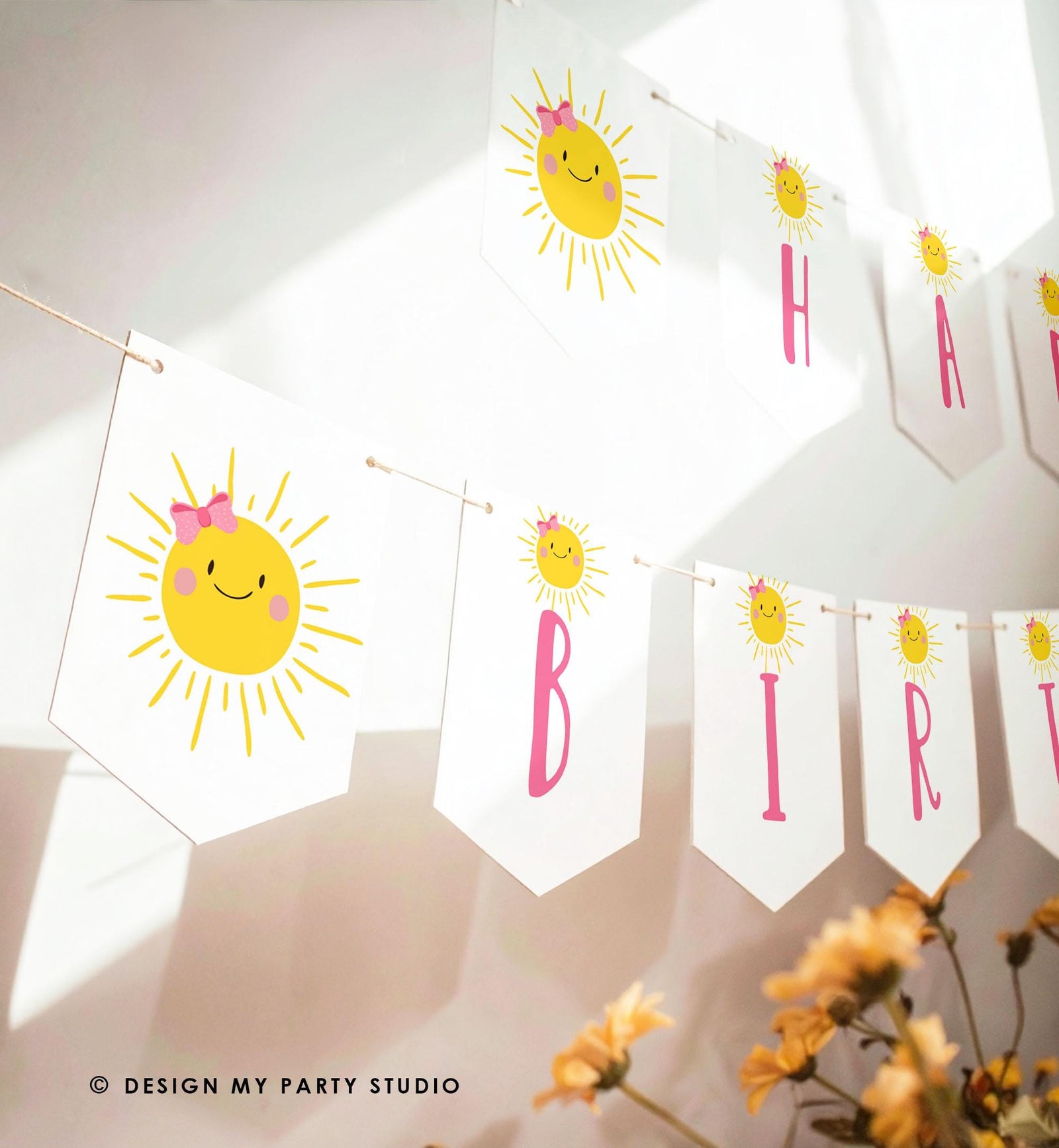 Little Sunshine Happy Birthday Banner Sunshine Banner One in The Sun Girl Pink Summer Party Decor Instant Download Printable Digital 0141