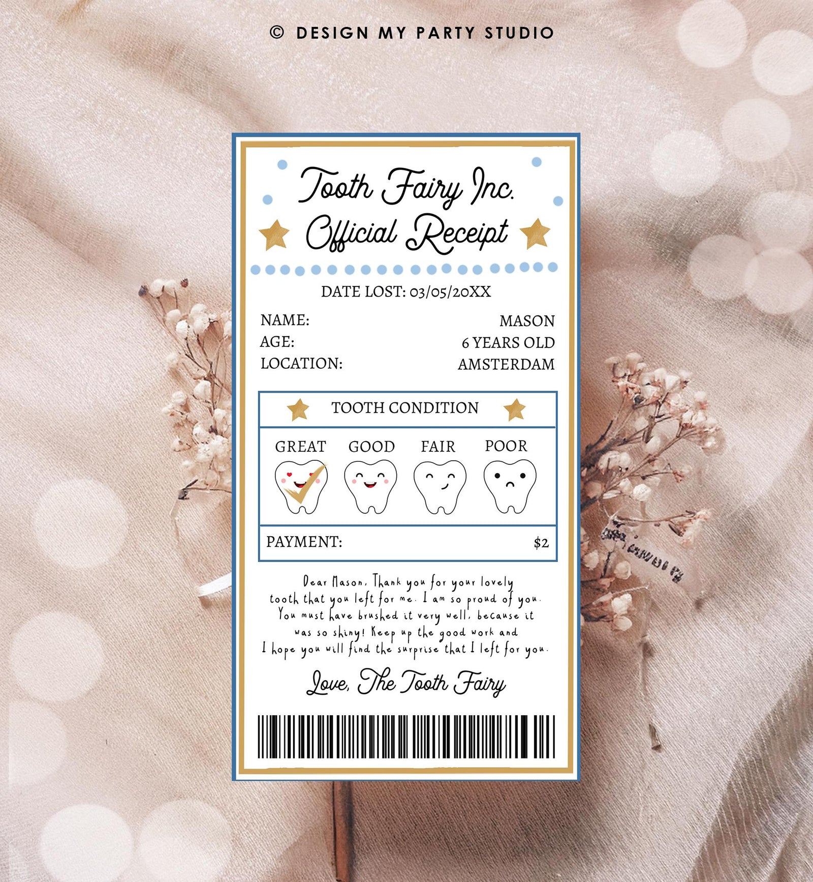 Editable Tooth Fairy Receipt First Lost Tooth Certificate Official Fairy Note Kids Tooth Fairy Letter Boy Digital Template Printable 0526