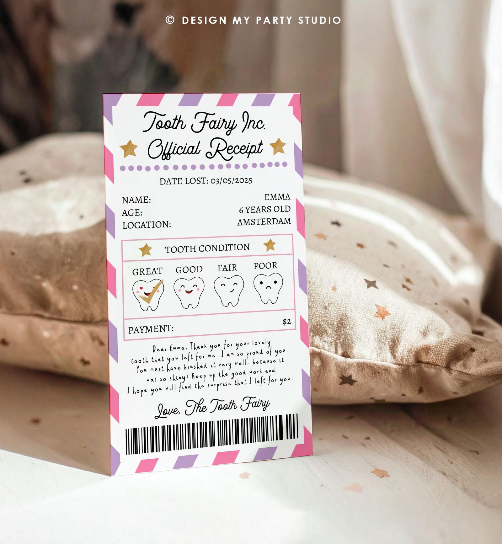 Editable Tooth Fairy Receipt First Lost Tooth Certificate Official Fairy Note Kids Tooth Fairy Letter Girl Digital Template Printable 0526