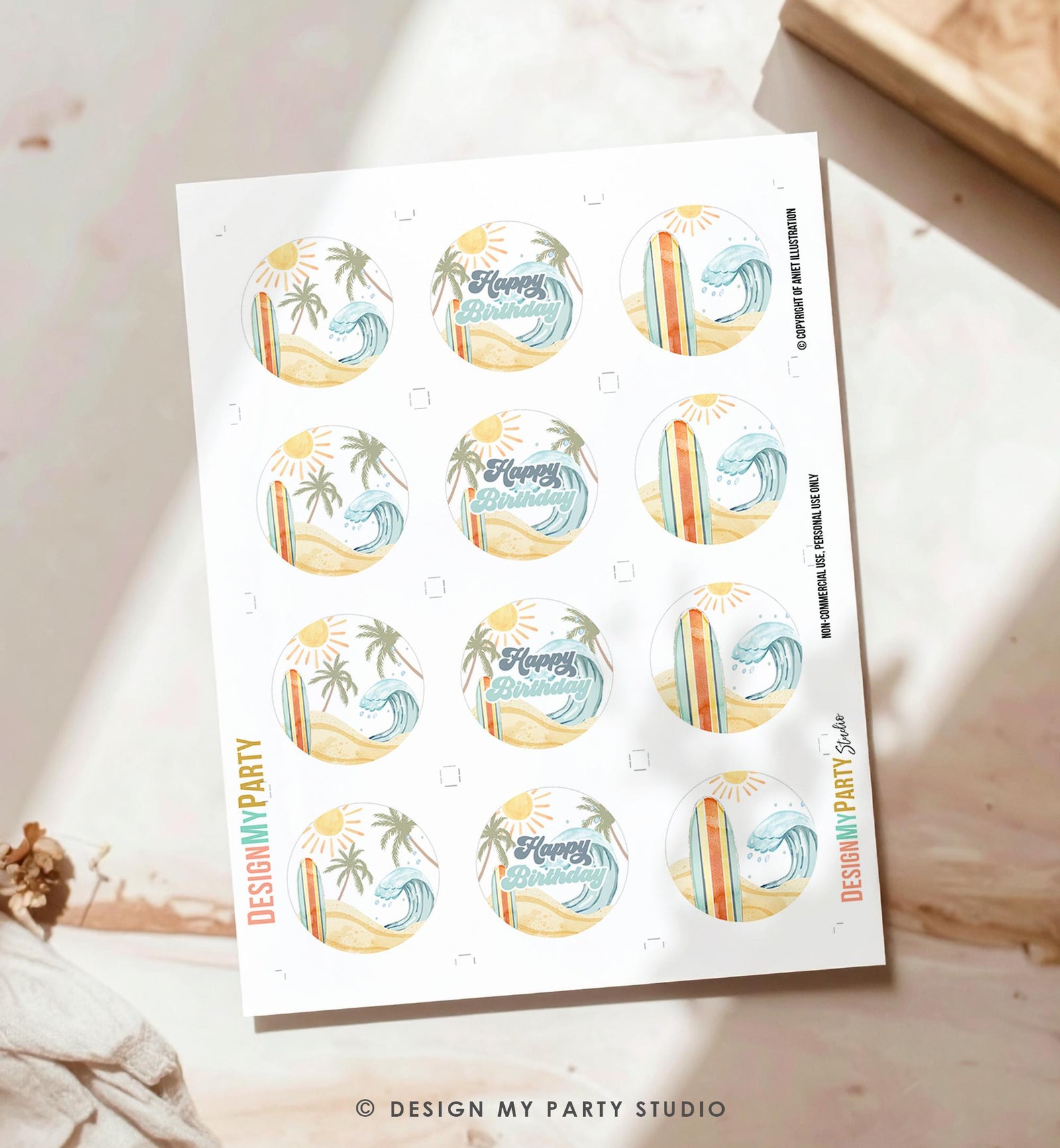 Surf Birthday Cupcake Toppers Beach Surfing Boy Party Favor Tag Sticker The Big One Surf Dude Digital Download Printable 0433