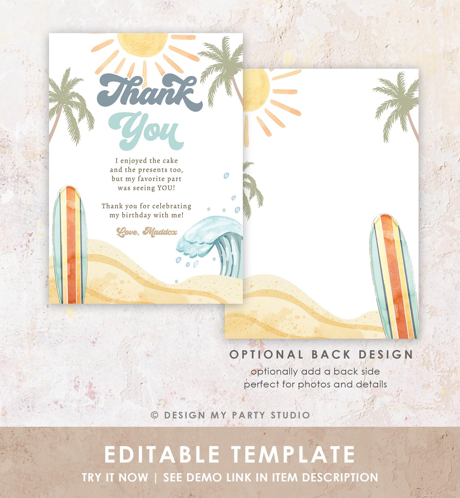 Editable Surf Thank You Card Birthday Party Boy The Big One Surfing Beach Summer First Birthday Digital Download Template Printable 0433