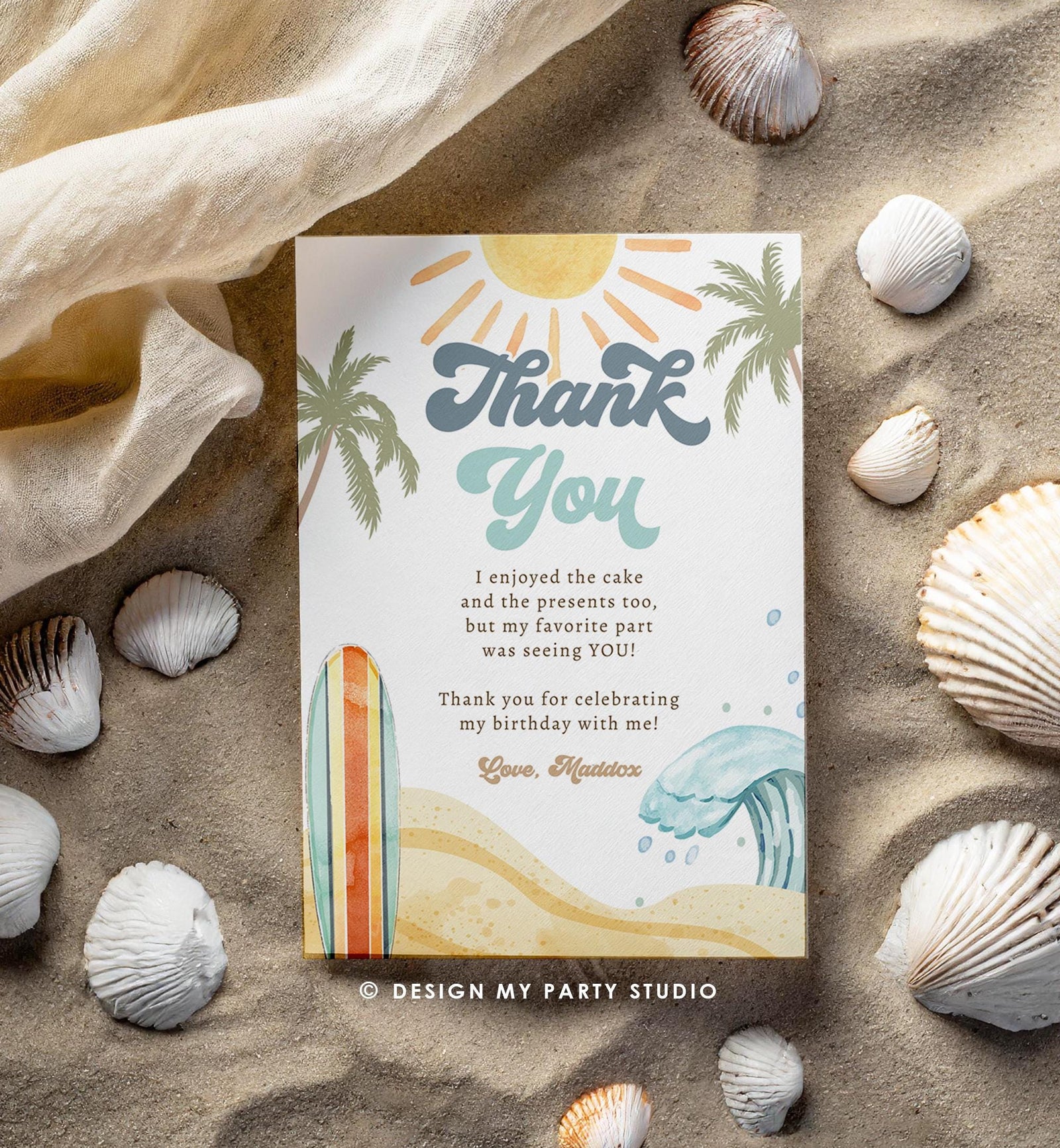 Editable Surf Thank You Card Birthday Party Boy The Big One Surfing Beach Summer First Birthday Digital Download Template Printable 0433