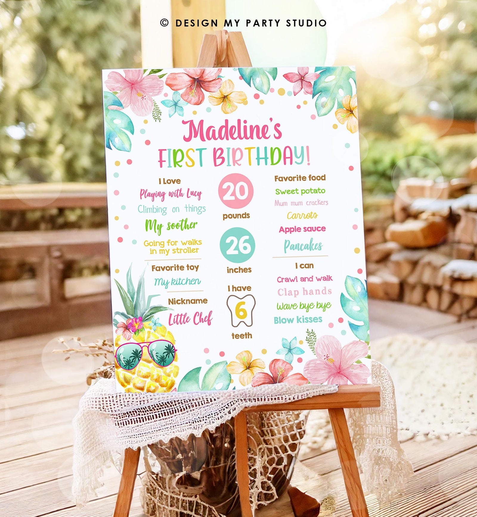 Editable Luau Pineapple Sunshine Birthday Milestone Sign Summer First Birthday 1st Birthday Girl Pink Aloha Digital Template Printable 0391