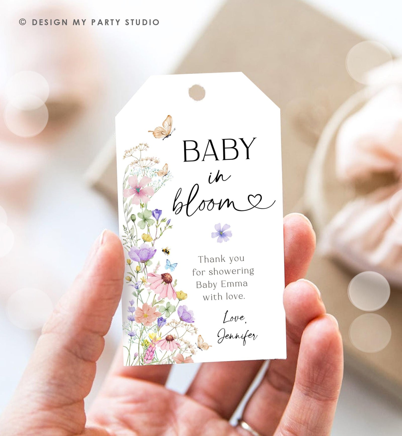 Editable Baby in Bloom Favor Tag Wildflowers Thank You Tag Baby Shower Wild Flower Gift Tag Butterflies Digital Template Printable 0543