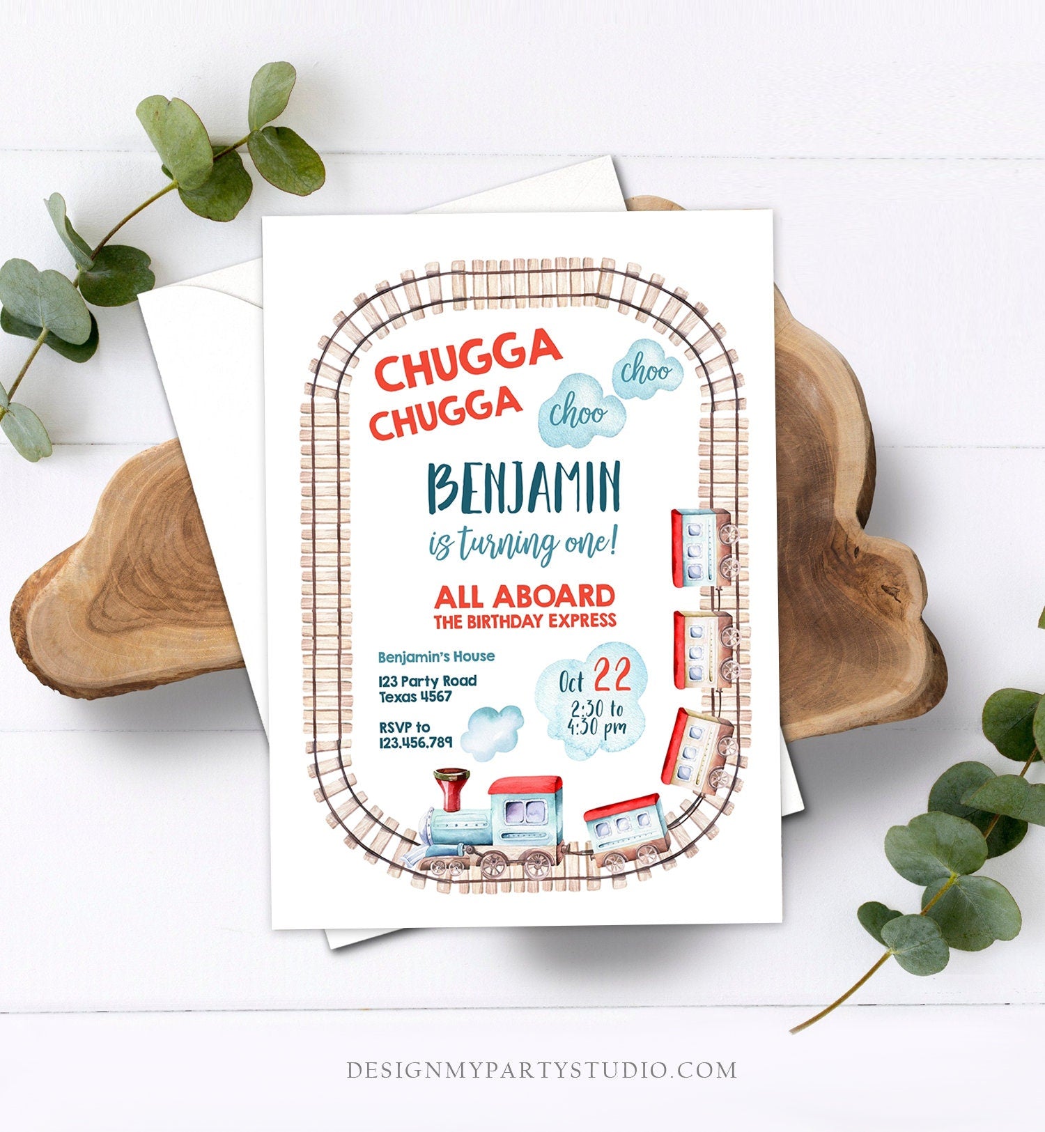 May include: A blue and red train birthday invitation with the text 'CHUGGA CHUGGA choo choo BENJAMIN is turning one! ALL ABOARD THE BIRTHDAY EXPRESS' and the date 'Oct 22 2:50 to 4:50 pm'.