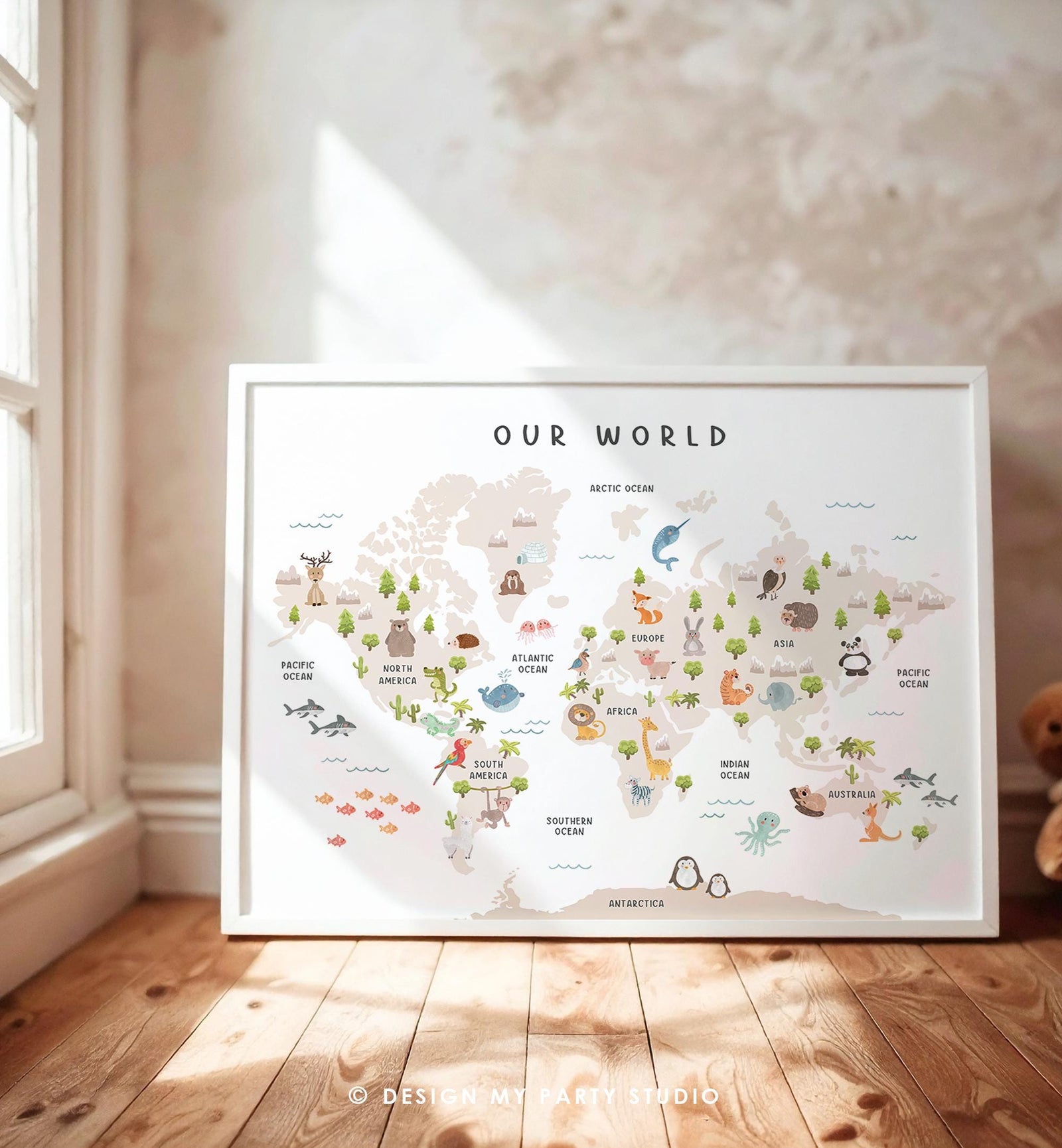 Animal World Map Poster Educational Safari Animals Nursey Classroom School Activity Kids Sign Montessori Instant Download Printable 0550