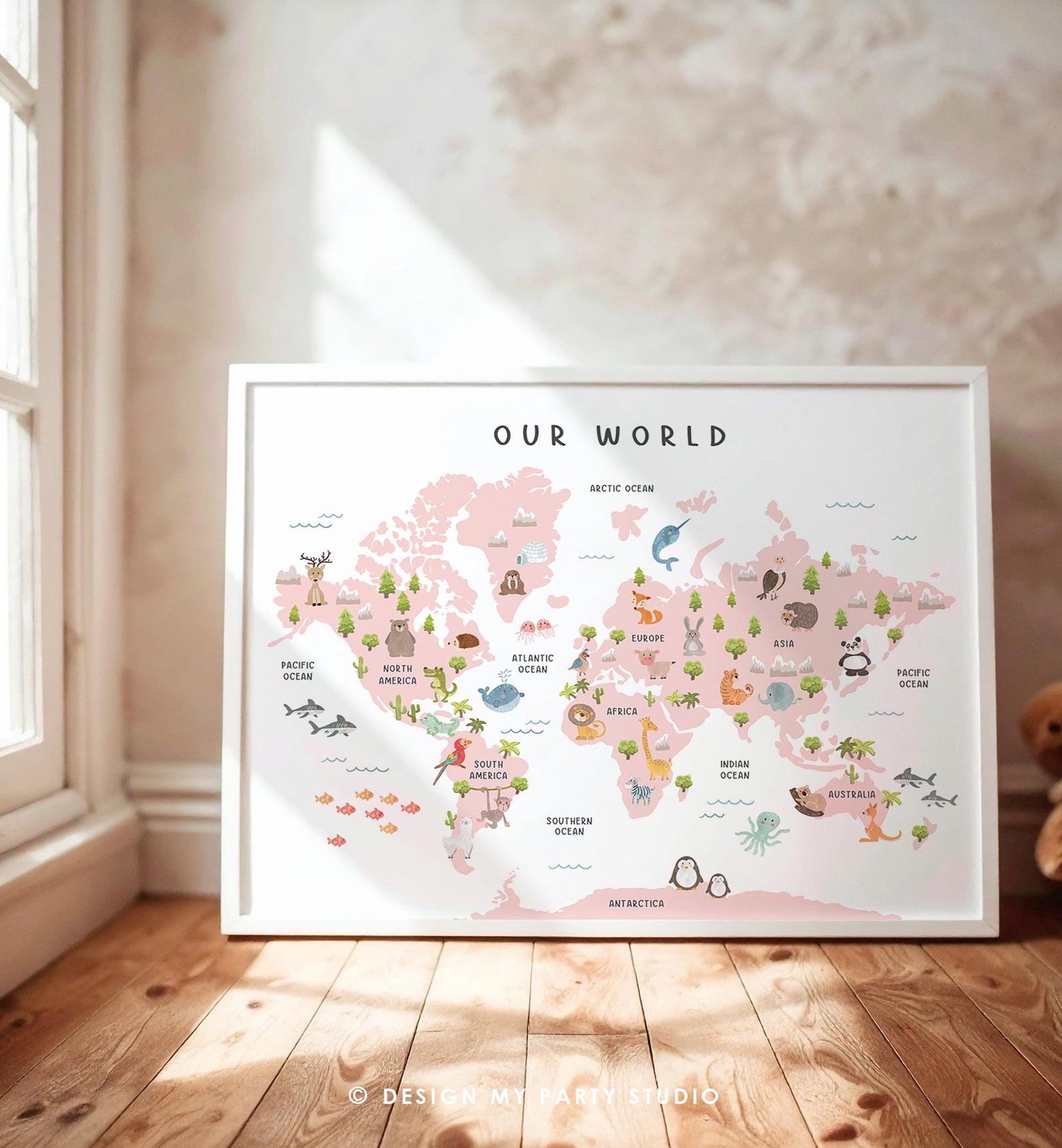 Animal World Map Poster Educational Safari Animals Nursey Classroom School Activity Kids Pink Montessori Instant Download Printable 0550