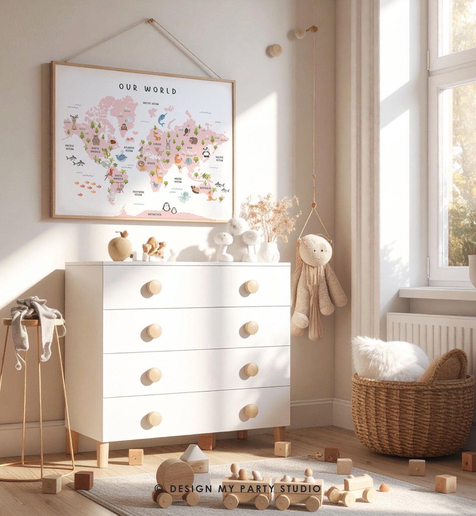 Animal World Map Poster Educational Safari Animals Nursey Classroom School Activity Kids Pink Montessori Instant Download Printable 0550