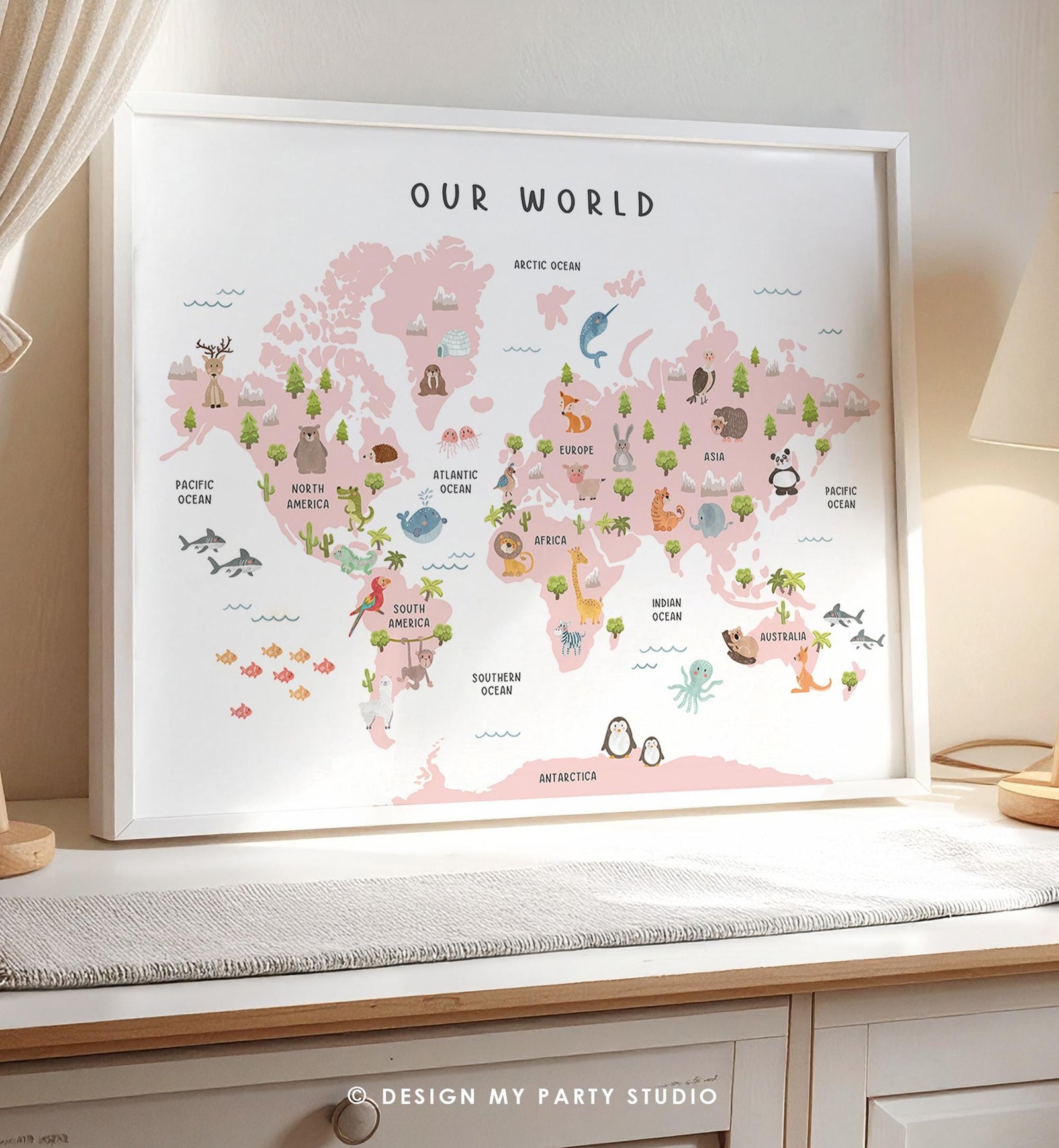 Animal World Map Poster Educational Safari Animals Nursey Classroom School Activity Kids Pink Montessori Instant Download Printable 0550