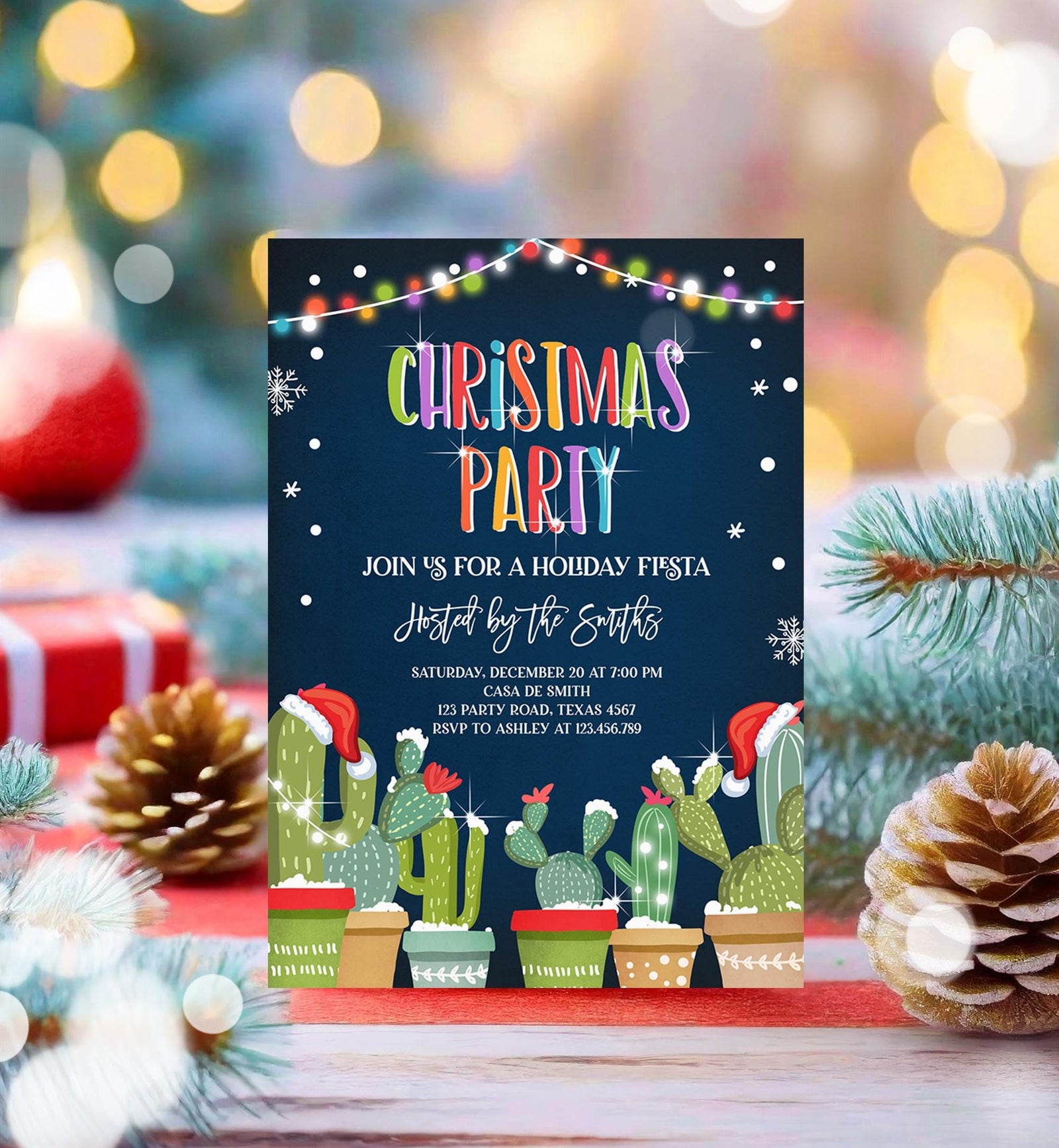 Editable Christmas Party Invitation Holiday Fiesta Cactus Mexican Feliz Navidad Xmas Party Digital Download Evite Template Printable 0273
