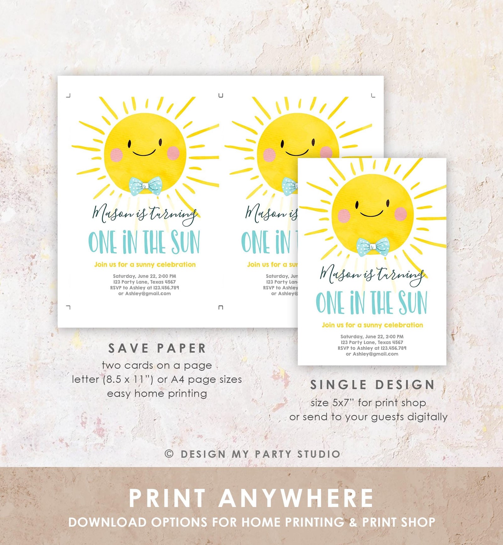 Editable One in the Sun Sunshine Birthday Invitation Summer Party First Birthday Party Boy Blue Bow Tie Download Template Printable 0141