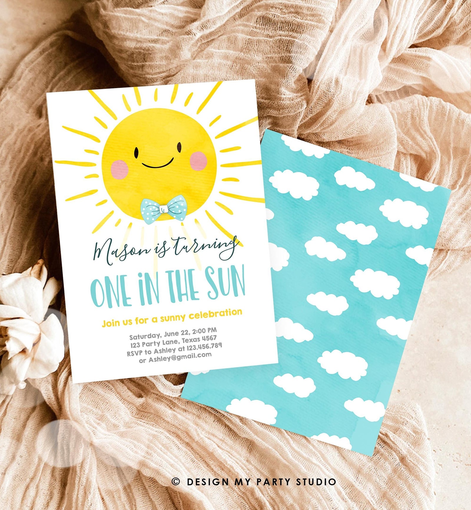 Editable One in the Sun Sunshine Birthday Invitation Summer Party First Birthday Party Boy Blue Bow Tie Download Template Printable 0141