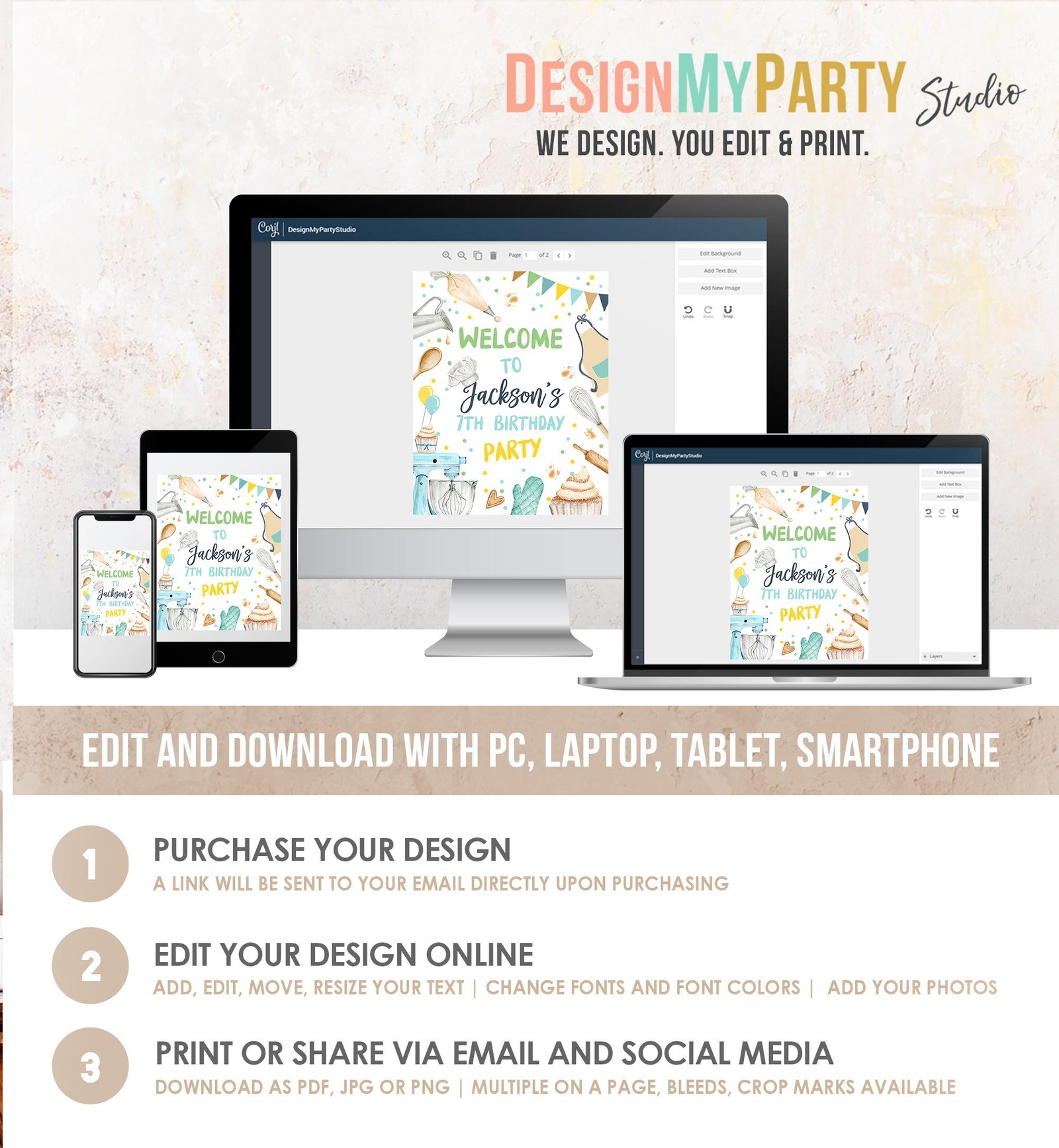 Editable Baking Birthday Party Welcome Sign Cooking Birthday Welcome Boy Little Chef Cupcake Decor Digital Download Template Printable 0364