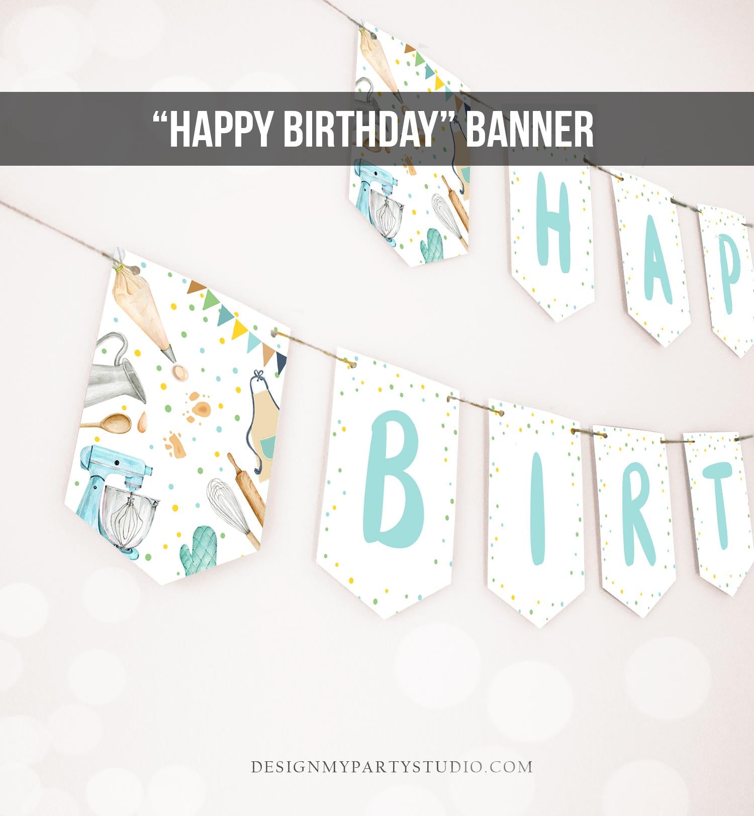 Happy Birthday Banner Baking Birthday Banner Boy Little Chef Cooking Kitchen Party Decoration Instant Digital Download Printable 0364