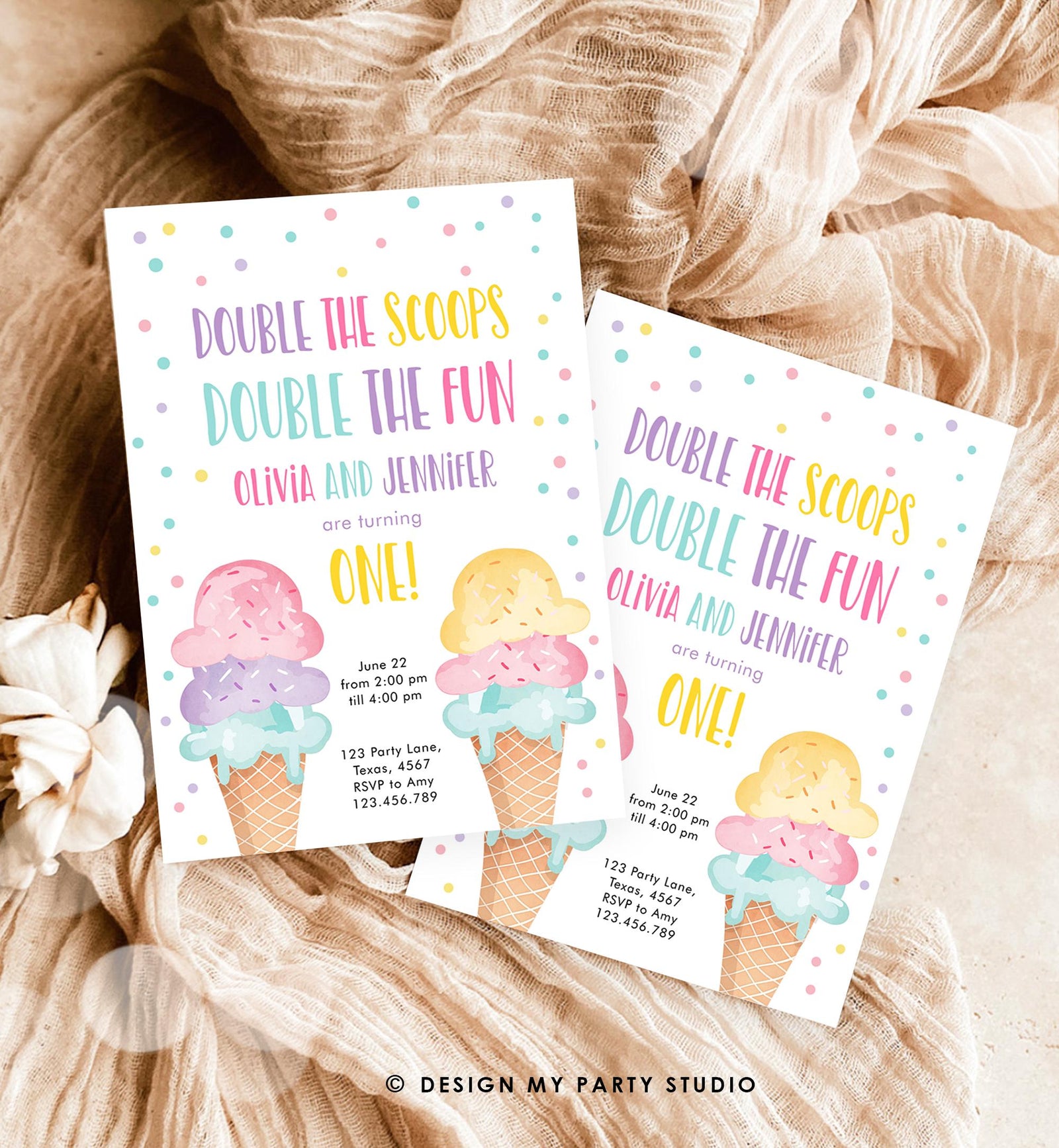 Editable Twin Ice Cream Birthday Invitation First Birthday Double the Scoops Double Fun Twins Purple Pink Girls Template Printable 0243