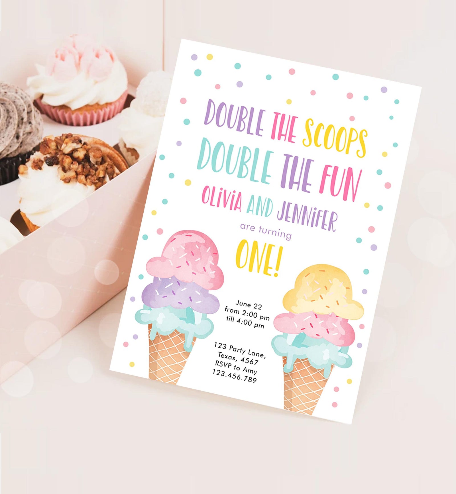 Editable Twin Ice Cream Birthday Invitation First Birthday Double the Scoops Double Fun Twins Purple Pink Girls Template Printable 0243