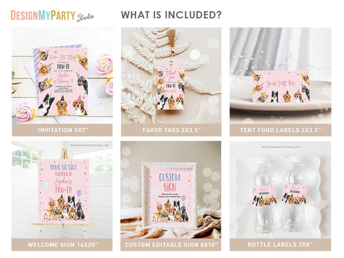 Dog Birthday Invitation Bundle Dogs Puppy Party Pink Birthday Come Sit Stay Girl 1st Birthday Digital Download Template Printable 0384