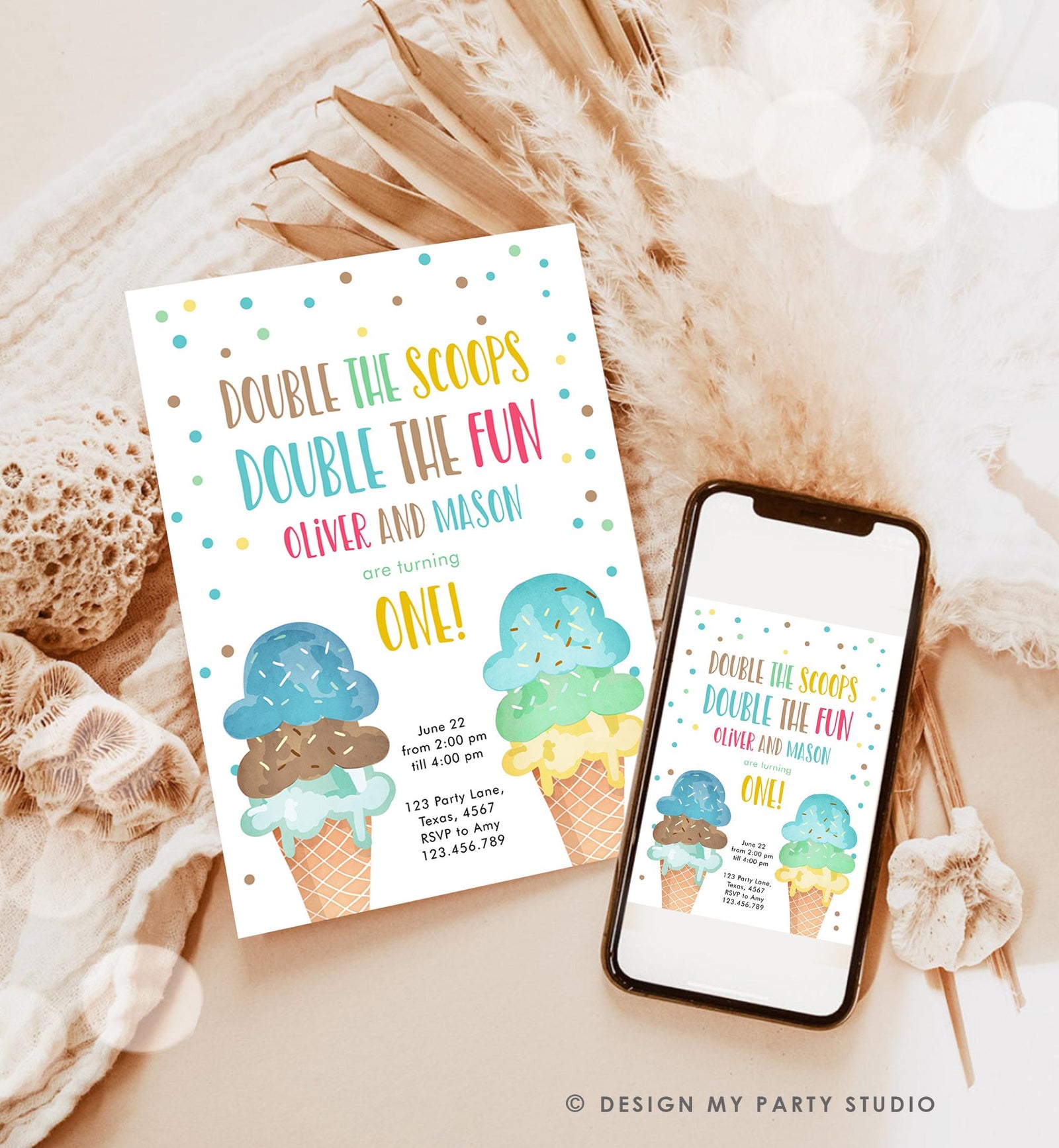 Editable Twin Ice Cream Birthday Invitation First Birthday Double the Scoops Double Fun Twins Boy Blue Digital Evite Template Printable 0243