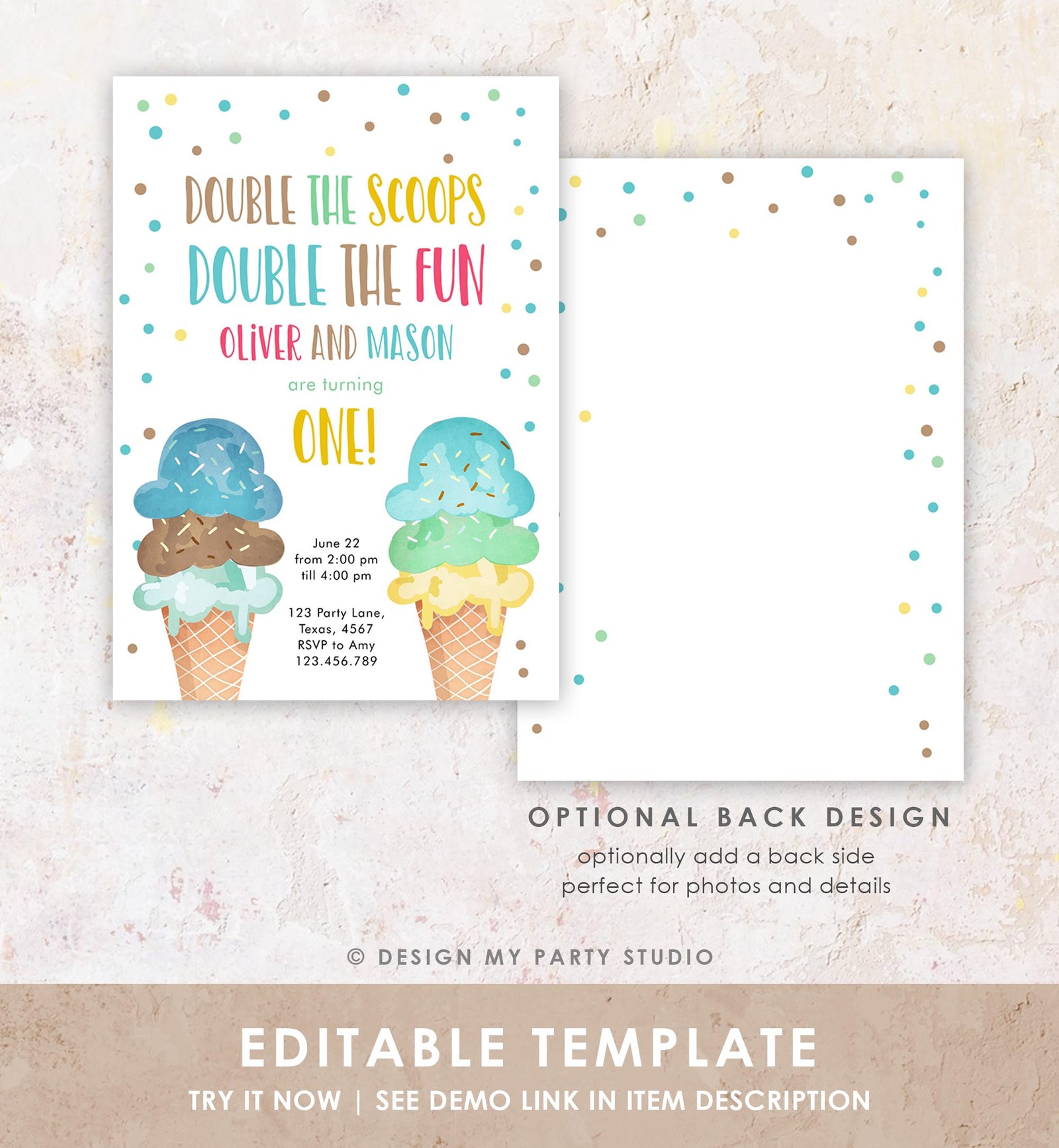 Editable Twin Ice Cream Birthday Invitation First Birthday Double the Scoops Double Fun Twins Boy Blue Digital Evite Template Printable 0243