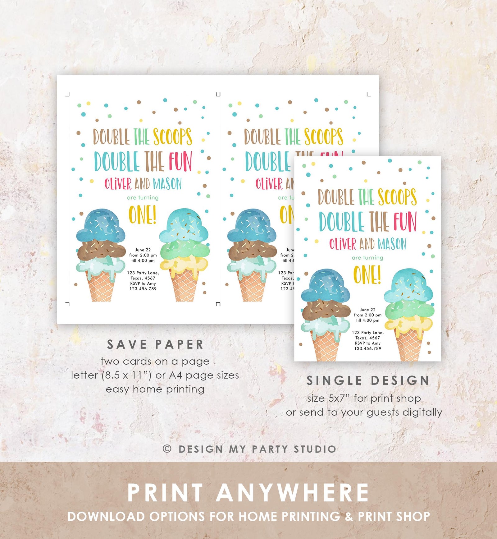 Editable Twin Ice Cream Birthday Invitation First Birthday Double the Scoops Double Fun Twins Boy Blue Digital Evite Template Printable 0243