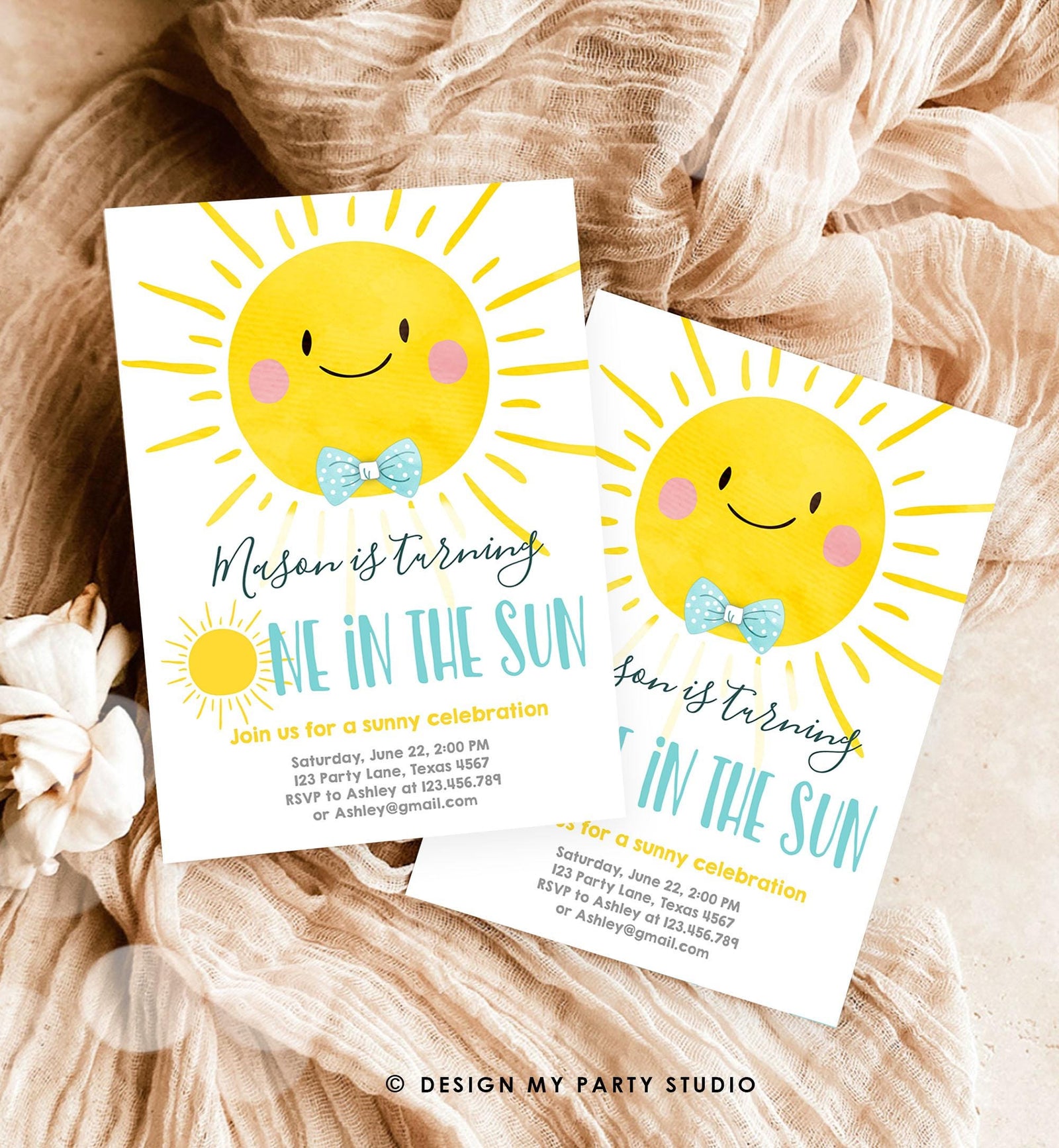 Editable One in the Sun Sunshine Birthday Invitation Summer Party First Birthday Party Boy Blue Bow Tie Download Template Printable 0141