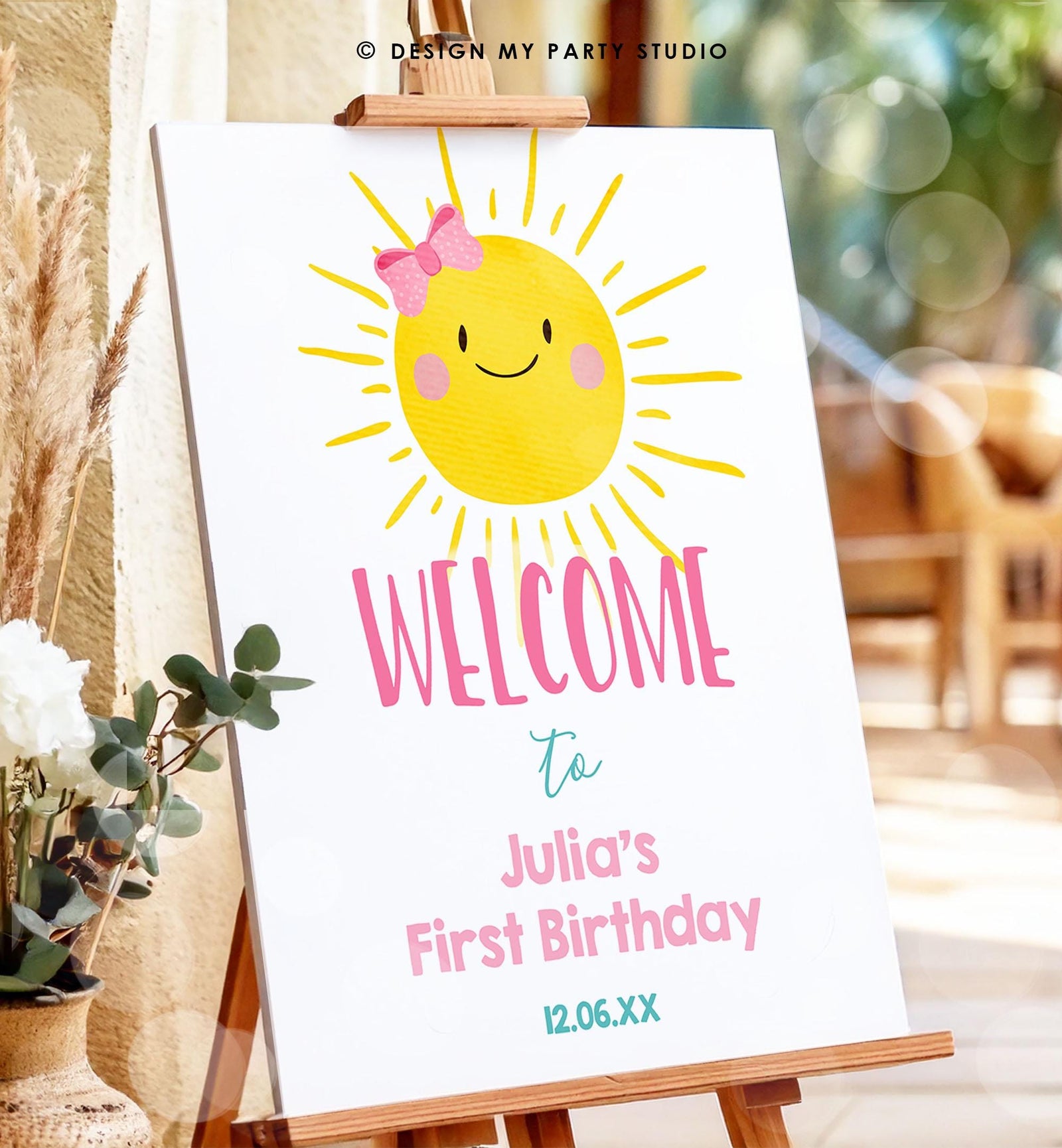 Editable Sunshine Welcome Sign Little Sunshine Birthday Party Pink Girl One in The Sun Summer Lemonade Stand Digital Template Printable 0141