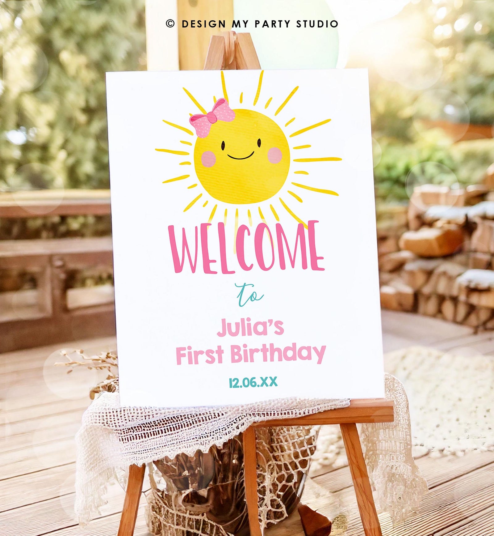 Editable Sunshine Welcome Sign Little Sunshine Birthday Party Pink Girl One in The Sun Summer Lemonade Stand Digital Template Printable 0141