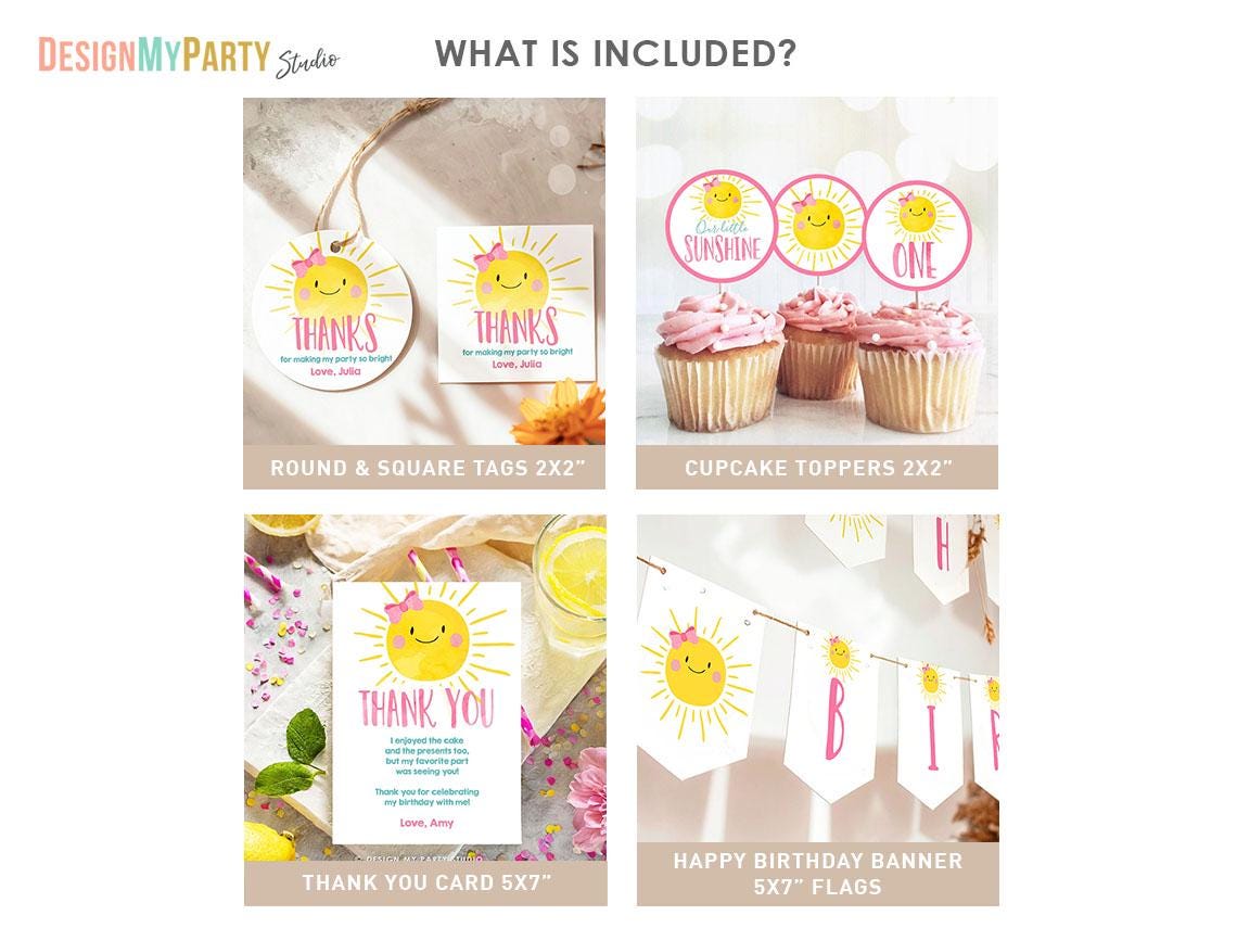On in The Sun Birthday Invitation Bundle 1st Sunshine Party Girl Kit Package Summer Little Sunshine Digital Download Template Printable 0141