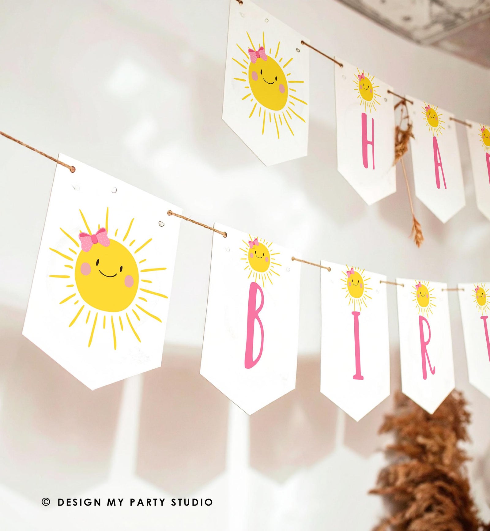 Little Sunshine Happy Birthday Banner Sunshine Banner One in The Sun Girl Pink Summer Party Decor Instant Download Printable Digital 0141