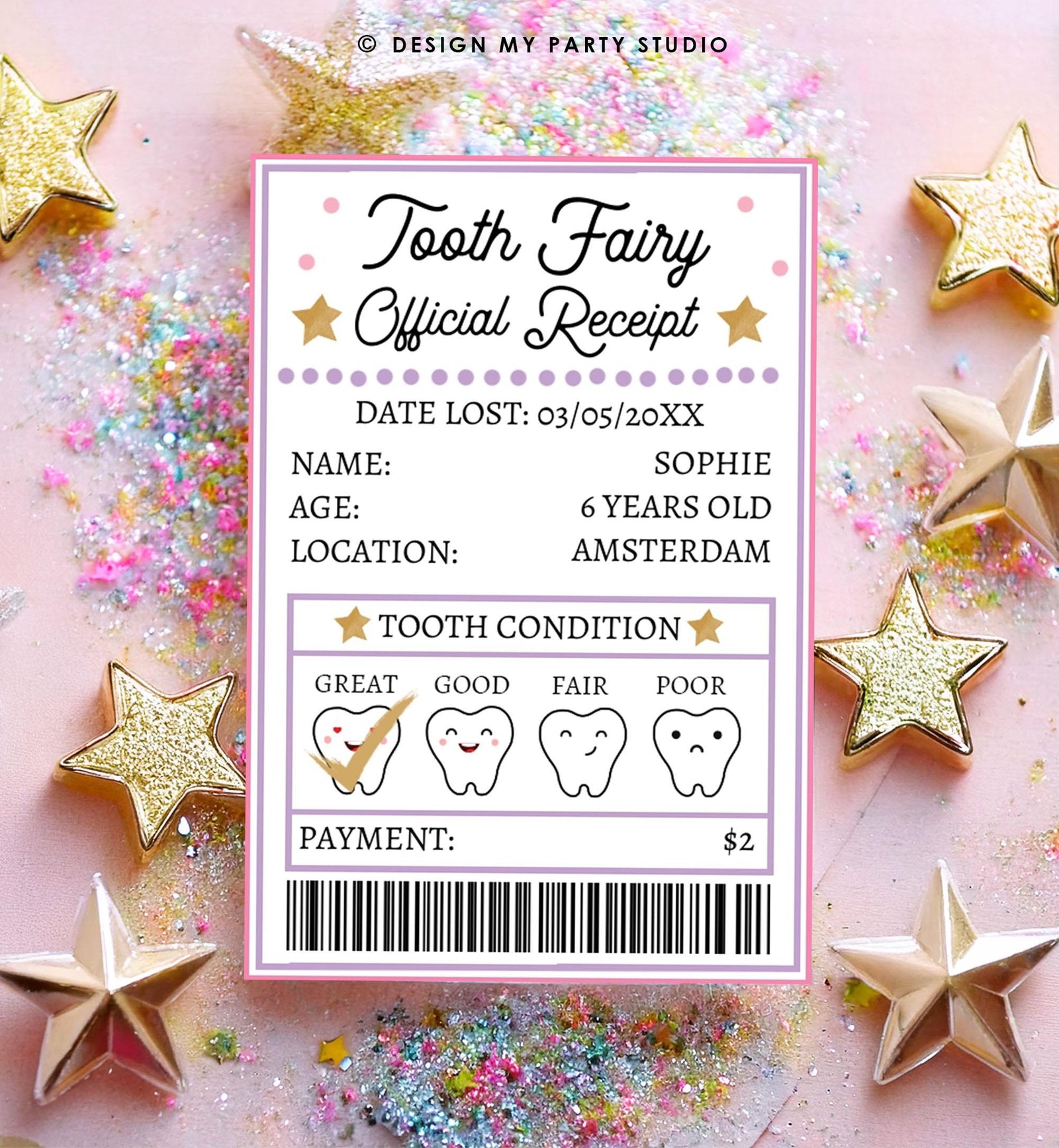 Editable Mini Tooth Fairy Set Pink Receipt and Letter with Envelope Tooth Fairy Kit Lost Tooth Fairy Note Digital Template Printable 0526