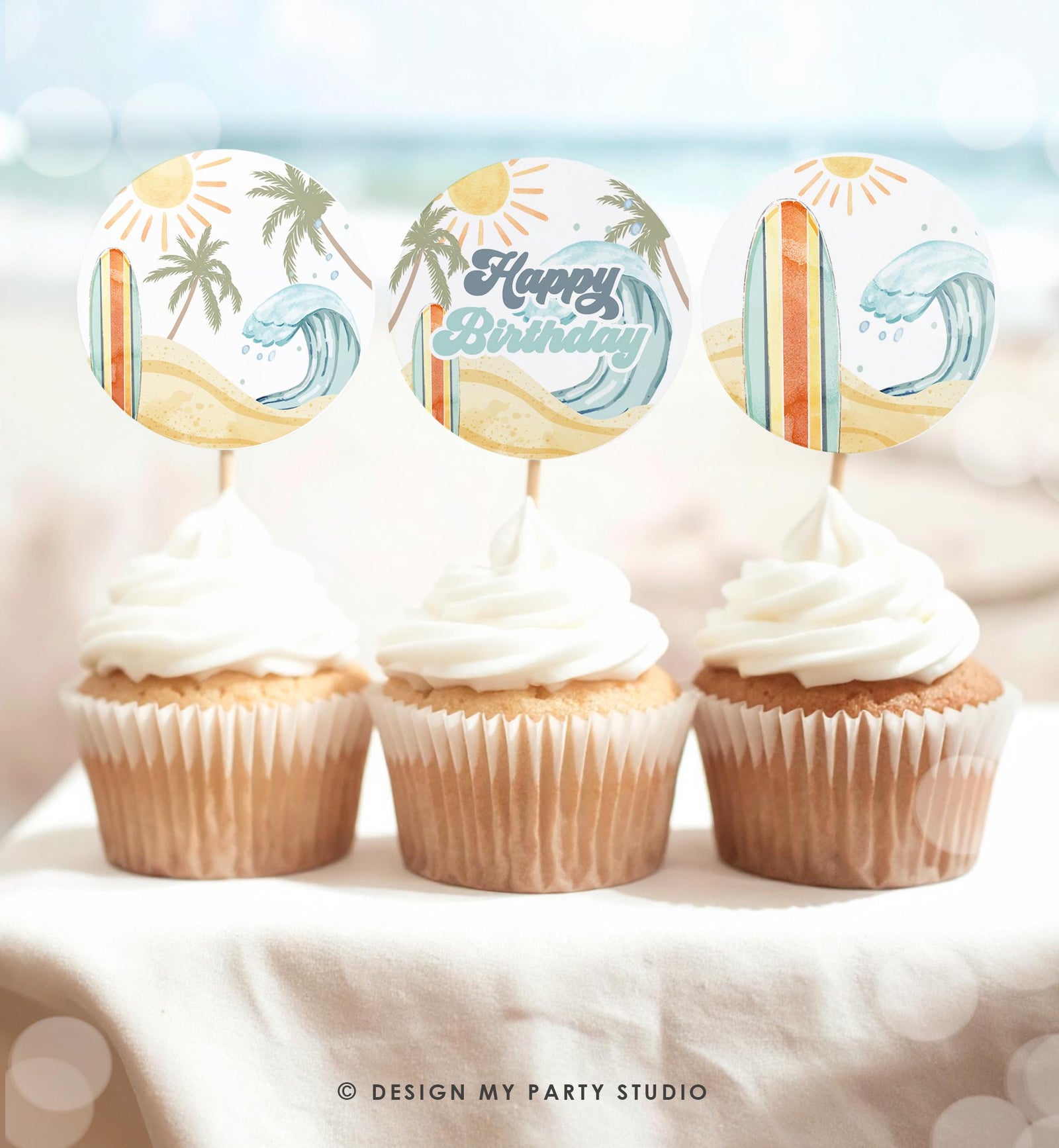 Surf Birthday Cupcake Toppers Beach Surfing Boy Party Favor Tag Sticker The Big One Surf Dude Digital Download Printable 0433