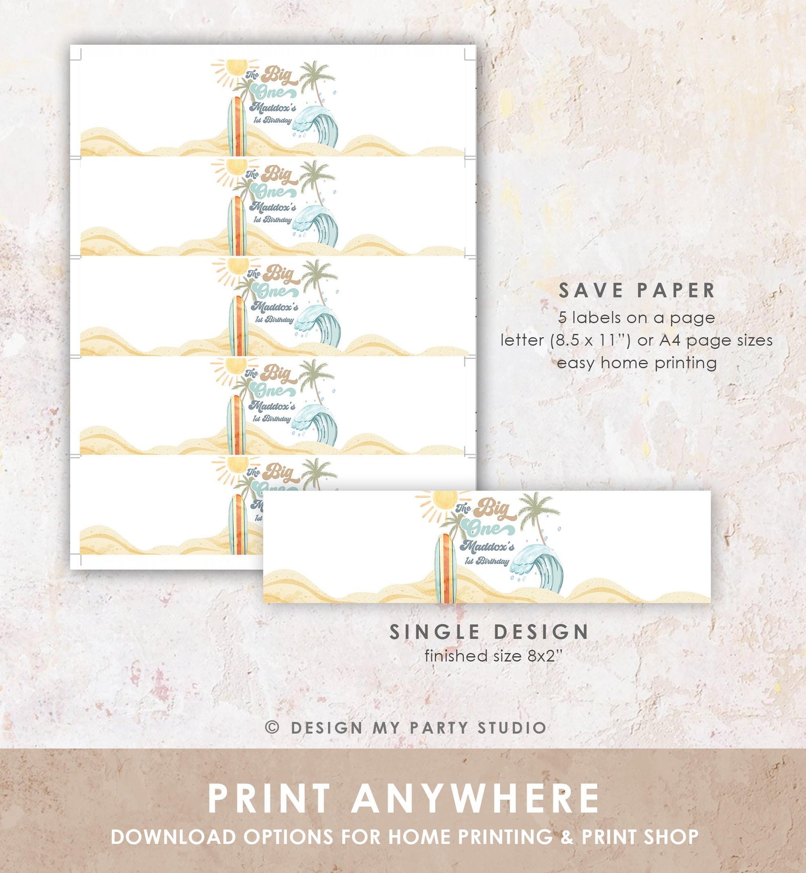 Editable Surf Water Bottle Label The Big One Party Decor Surf 1st Birthday Retro Boy Surfboard Digital Download Template Printable 0433