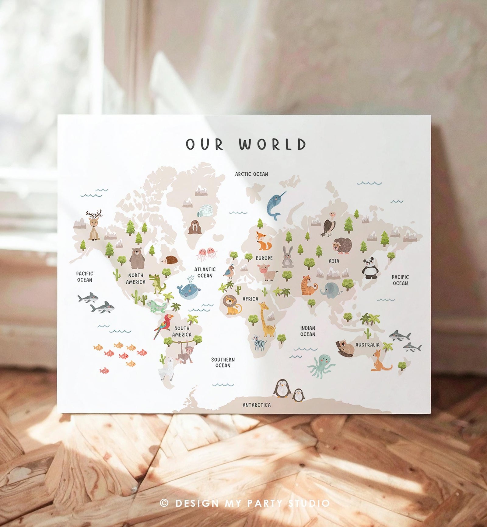 Animal World Map Poster Educational Safari Animals Nursey Classroom School Activity Kids Sign Montessori Instant Download Printable 0550