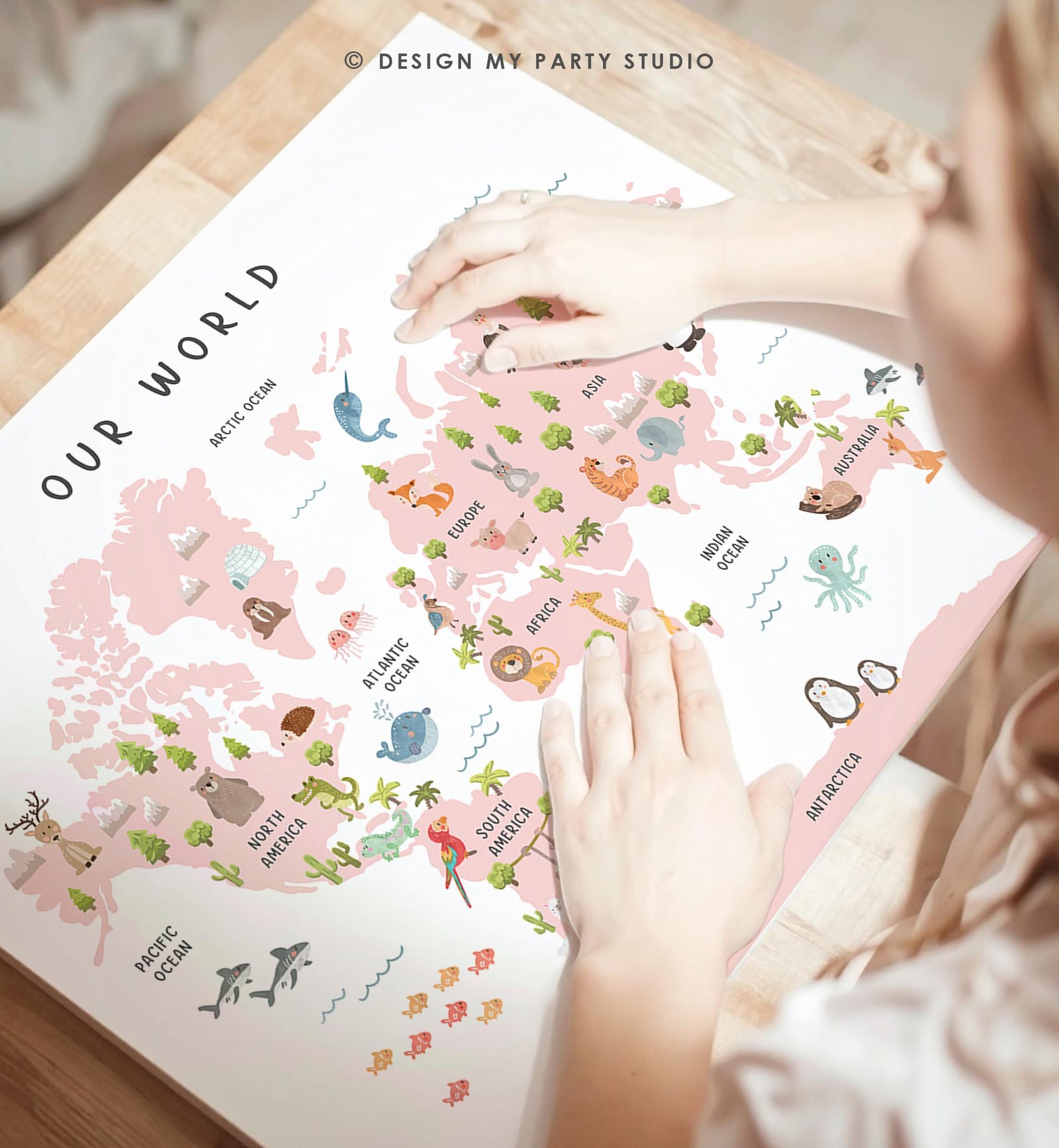 Animal World Map Poster Educational Safari Animals Nursey Classroom School Activity Kids Pink Montessori Instant Download Printable 0550